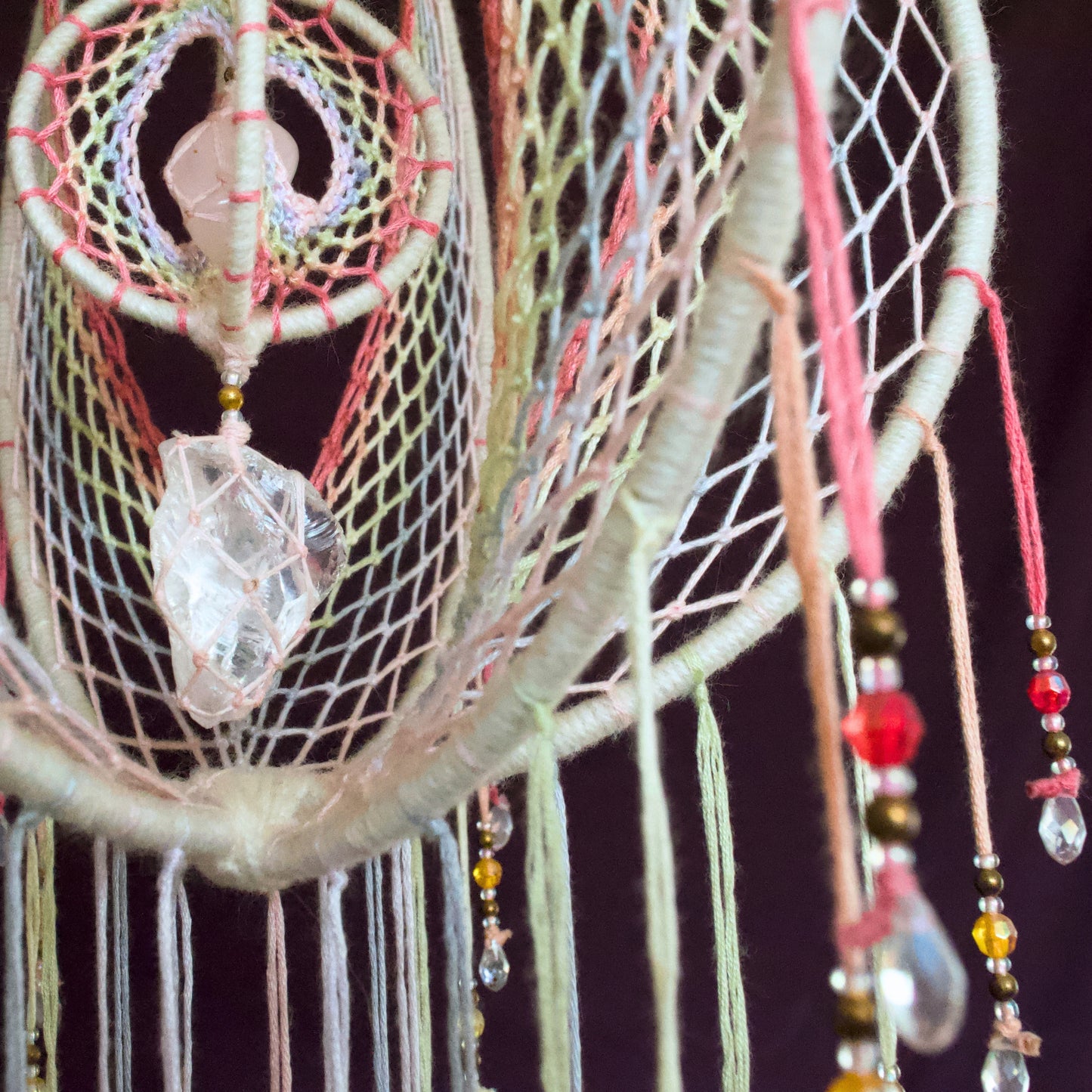 Large Pastel Rainbow 3D Dream Catcher Mobile, 9 inch / 23cm - Iridescent Orb Dream Catcher with Rose Quartz, Clear Quartz & Seed of Life
