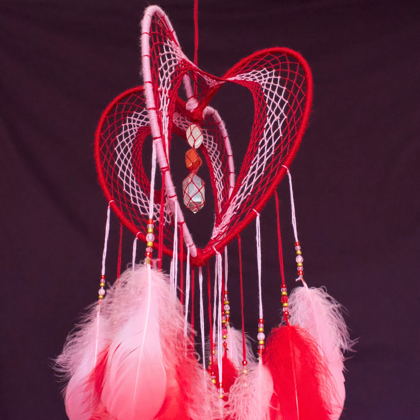 Large Pink and Red 3D Heart-Shaped Dreamcatcher / 9" Crystal Heartcatcher