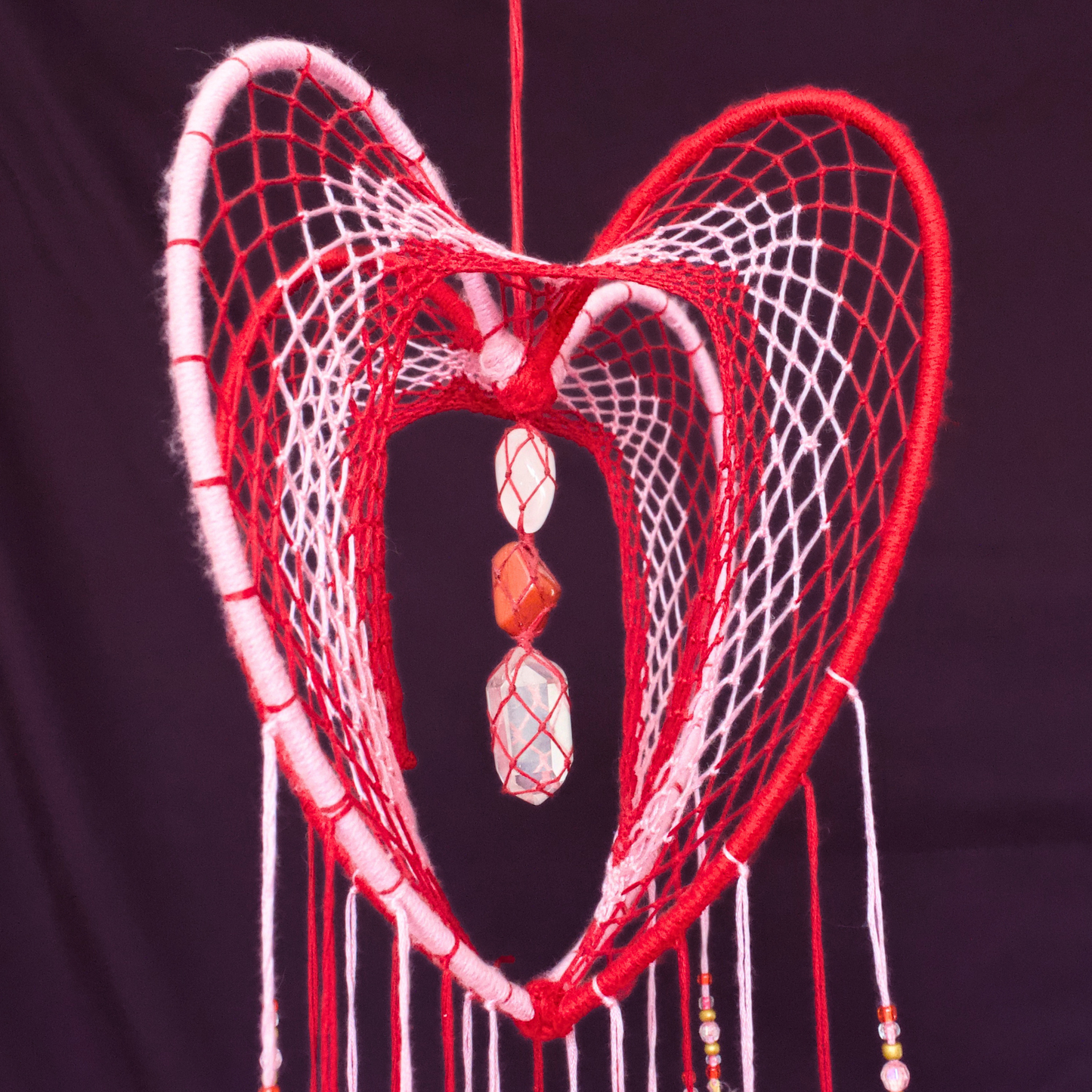 Large Pink and Red 3D Heart-Shaped Dreamcatcher / 9" Crystal Heartcatcher