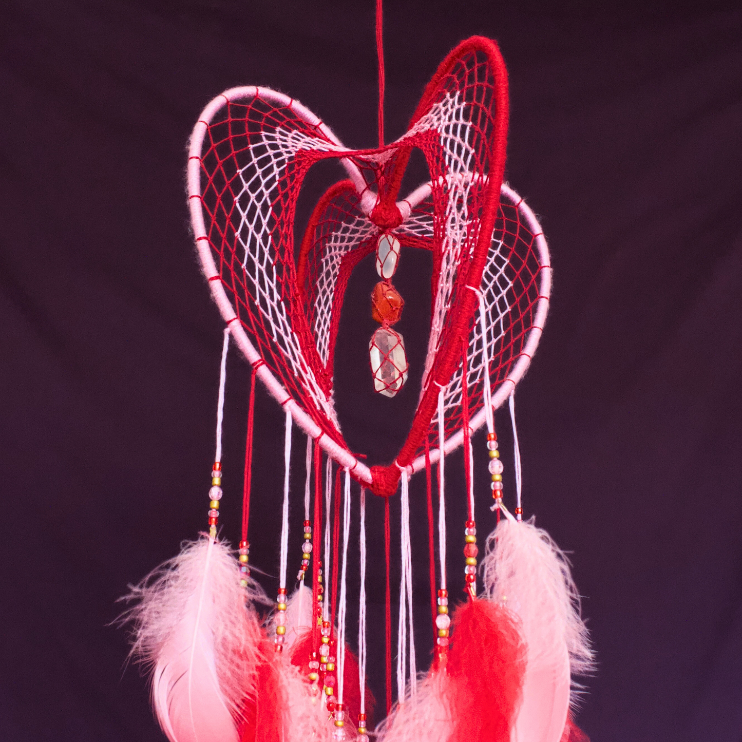 Large Pink and Red 3D Heart-Shaped Dreamcatcher / 9" Crystal Heartcatcher