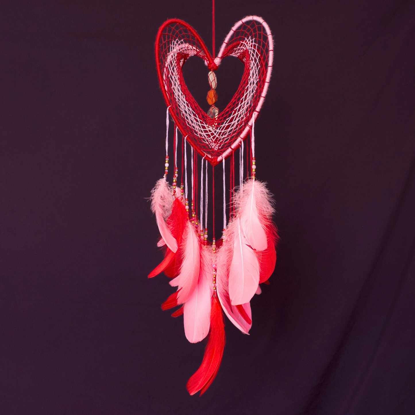 Large Pink and Red 3D Heart-Shaped Dreamcatcher / 9" Crystal Heartcatcher
