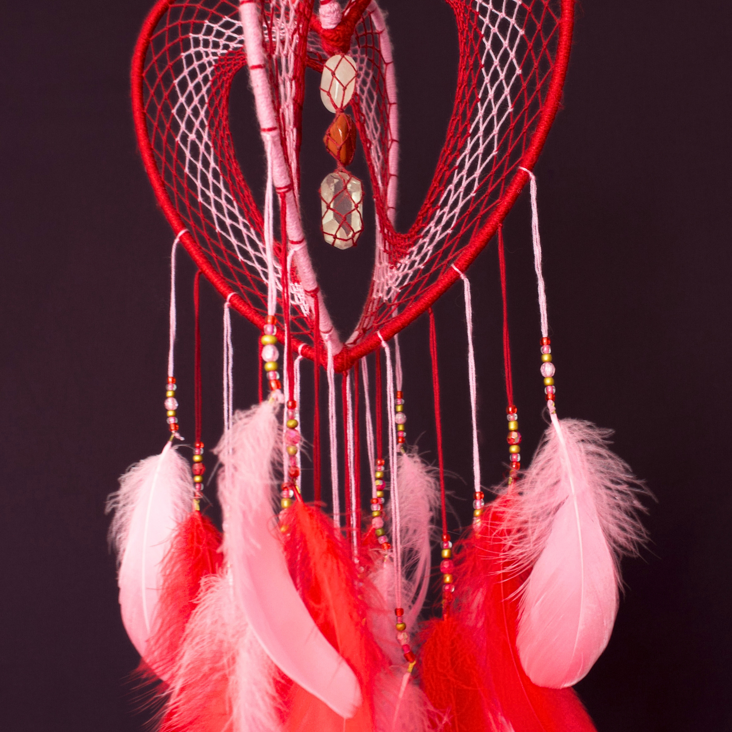 Large Pink and Red 3D Heart-Shaped Dreamcatcher / 9" Crystal Heartcatcher