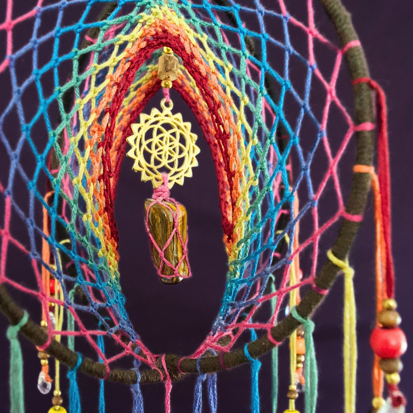6" Tigers Eye Earthy Rainbow 3D Dreamcatcher Mobile / Crystal Seed of Life Double Dream Catcher