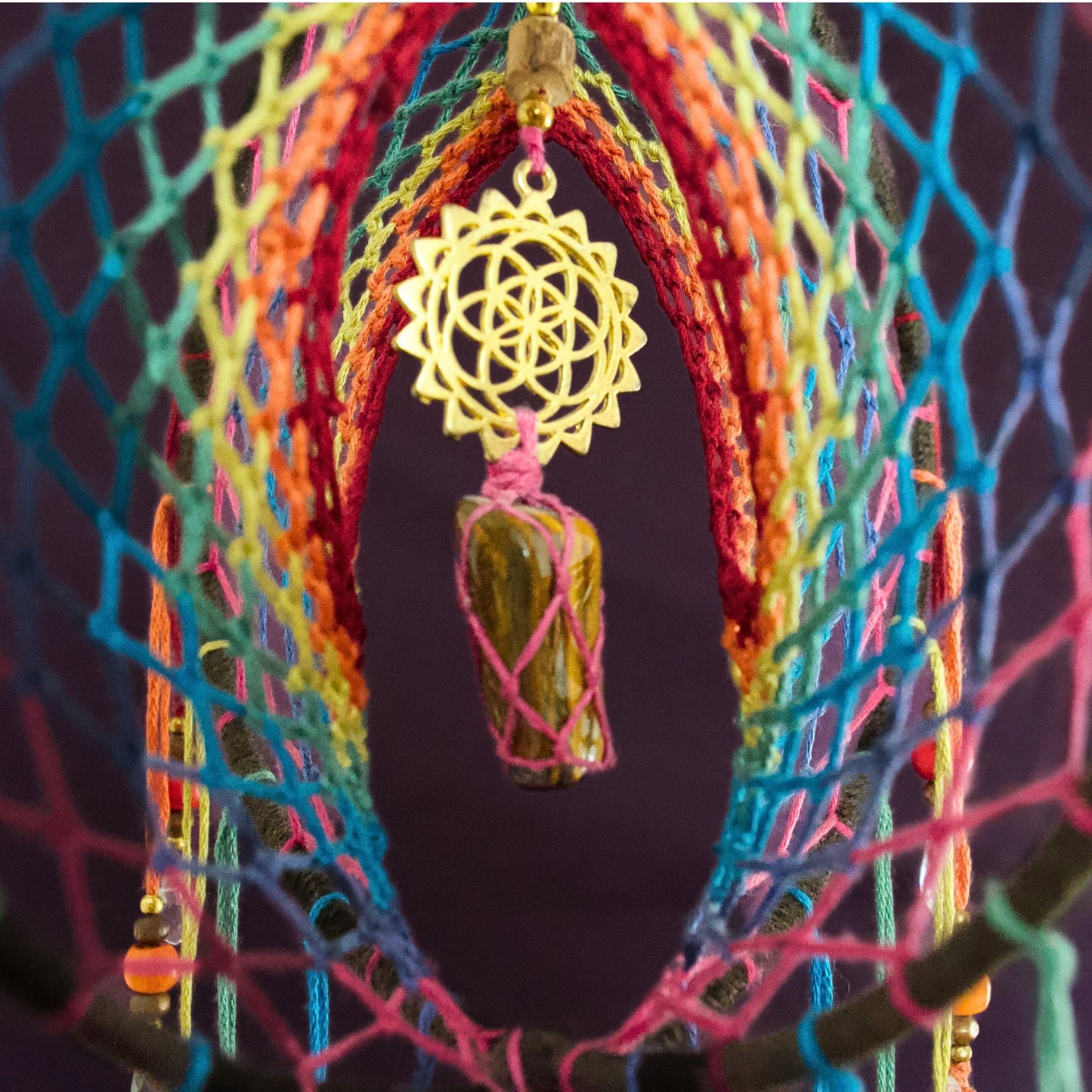 6" Tigers Eye Earthy Rainbow 3D Dreamcatcher Mobile / Crystal Seed of Life Double Dream Catcher