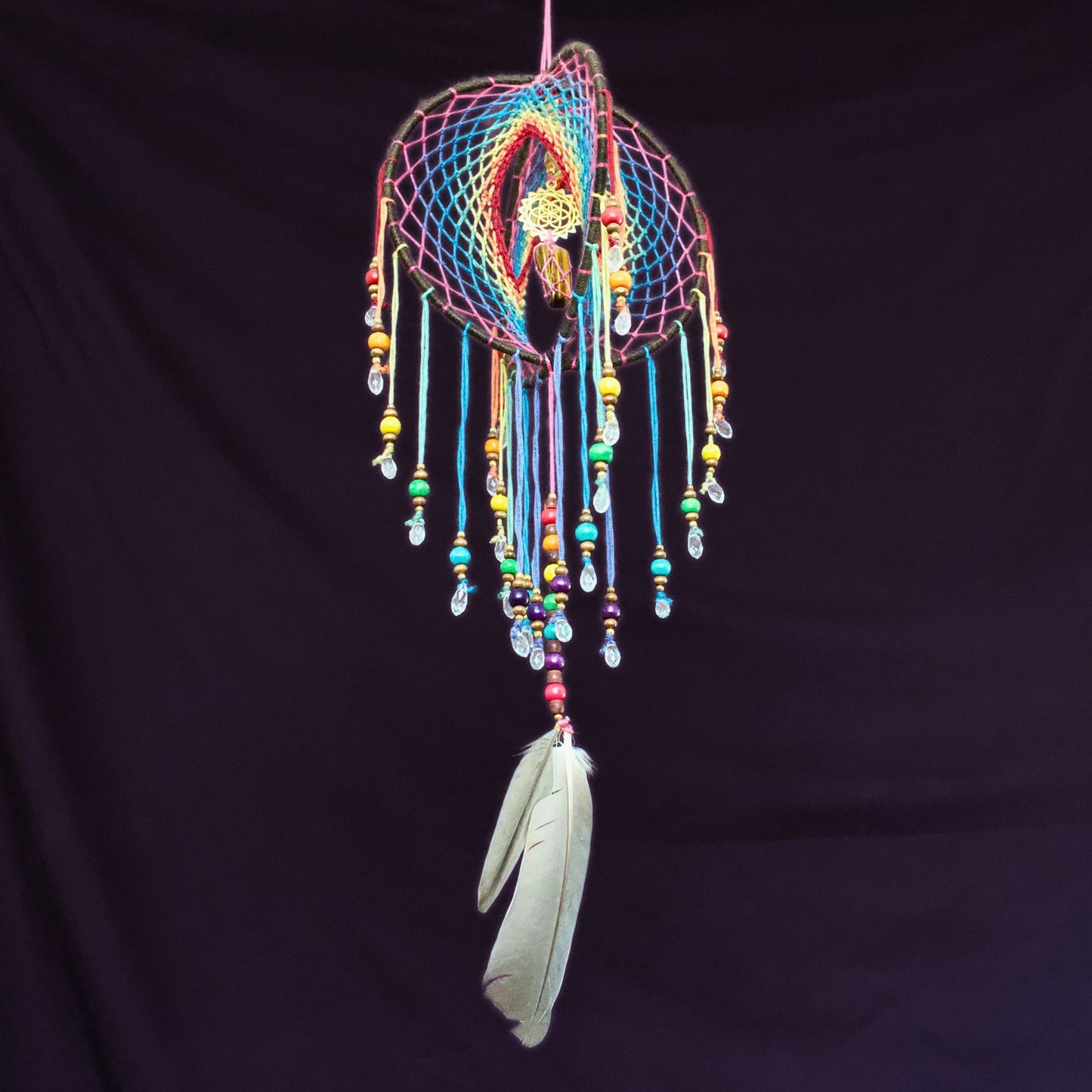 6" Tigers Eye Earthy Rainbow 3D Dreamcatcher Mobile / Crystal Seed of Life Double Dream Catcher