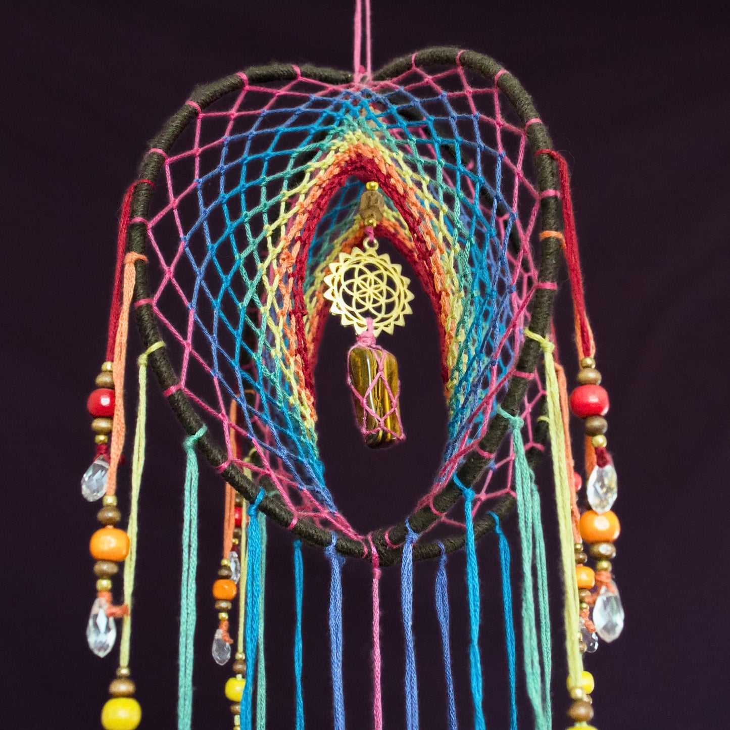 6" Tigers Eye Earthy Rainbow 3D Dreamcatcher Mobile / Crystal Seed of Life Double Dream Catcher