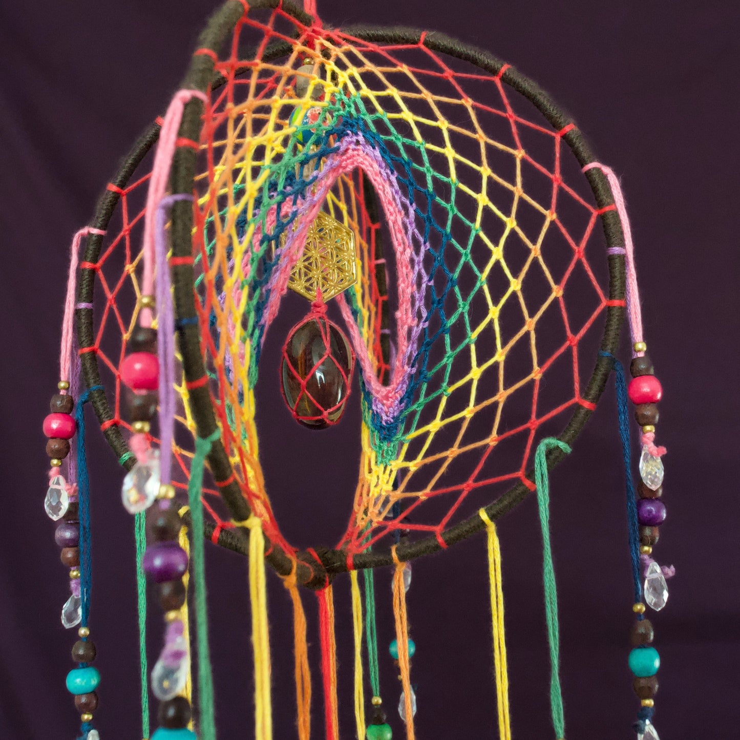 6" Smoky Quartz Earthy Rainbow 3D Dreamcatcher Mobile / Crystal Flower of Life Double Dream Catcher