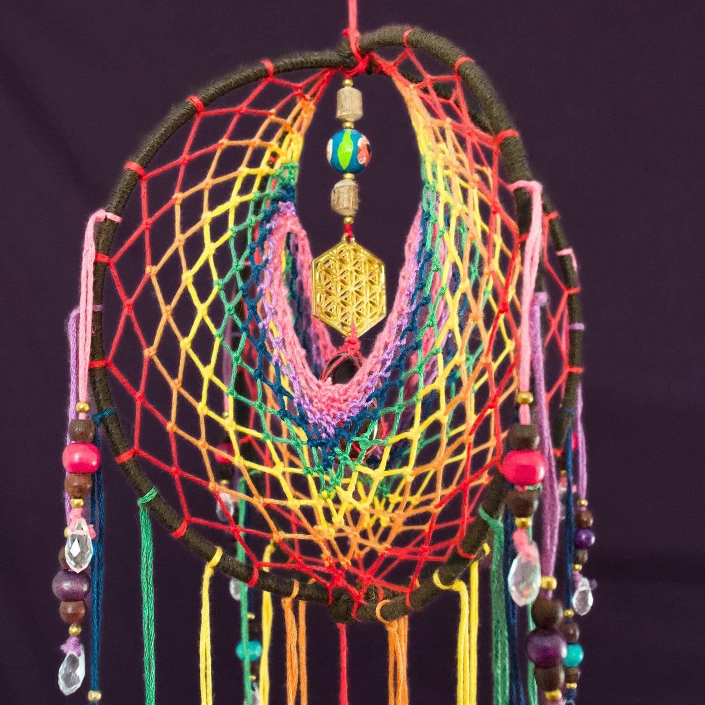 6" Smoky Quartz Earthy Rainbow 3D Dreamcatcher Mobile / Crystal Flower of Life Double Dream Catcher
