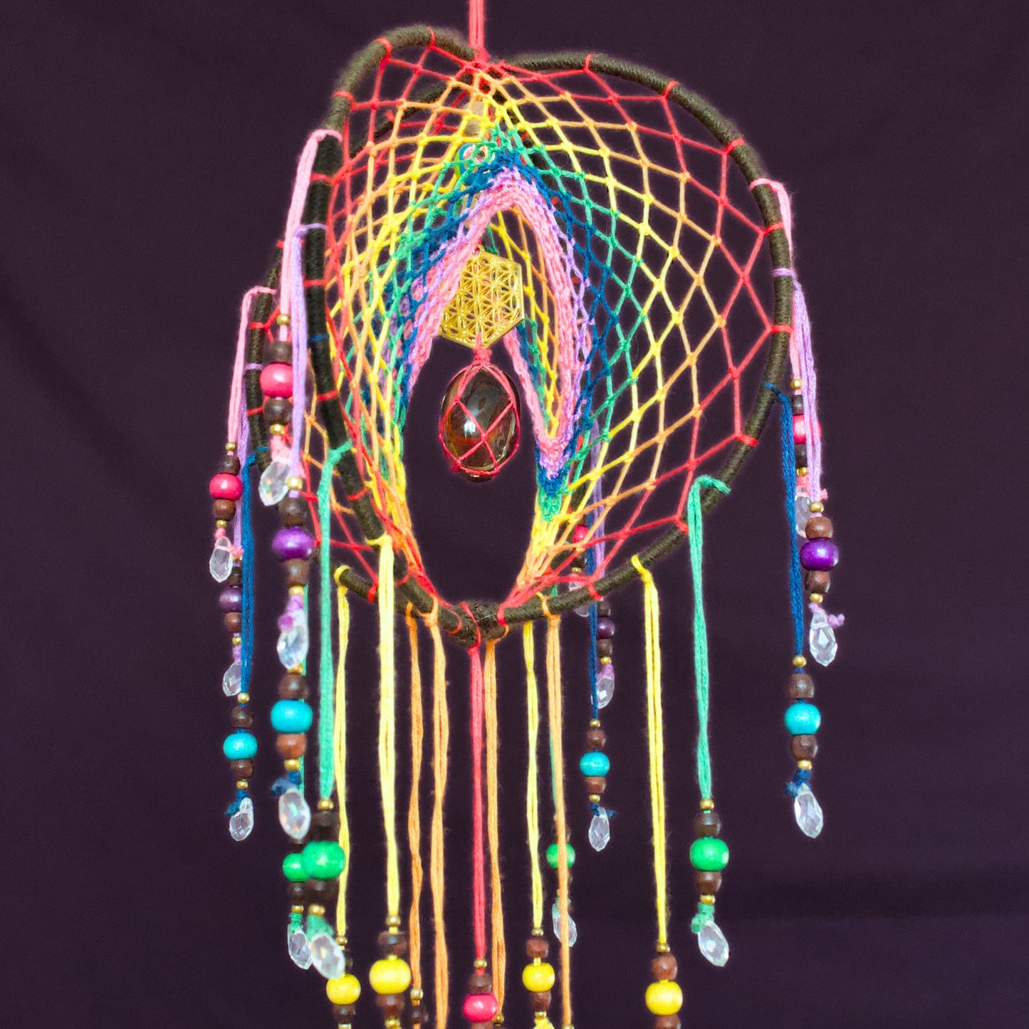 6" Smoky Quartz Earthy Rainbow 3D Dreamcatcher Mobile / Crystal Flower of Life Double Dream Catcher