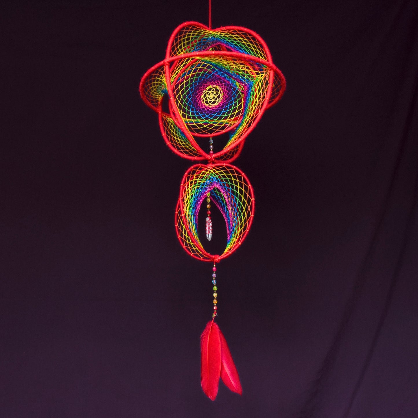Seed of Life & Clear Quartz: Large Rainbow Double Dreamcatcher Mobile (9" & 6")