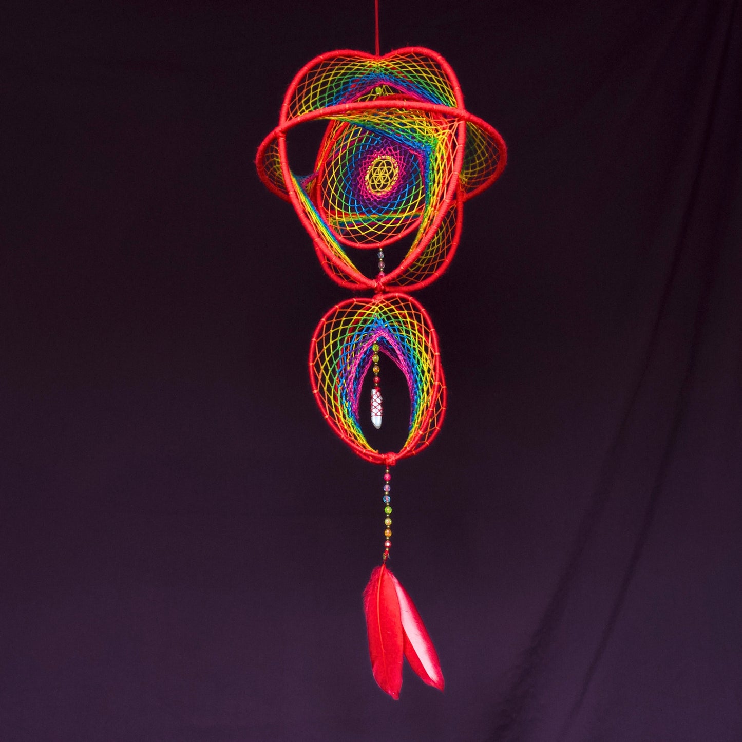 Seed of Life & Clear Quartz: Large Rainbow Double Dreamcatcher Mobile (9" & 6")