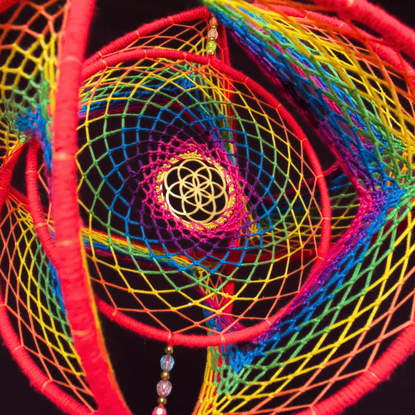 Seed of Life & Clear Quartz: Large Rainbow Double Dreamcatcher Mobile (9" & 6")