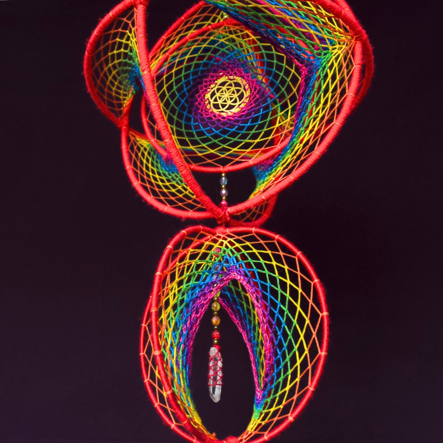 Seed of Life & Clear Quartz: Large Rainbow Double Dreamcatcher Mobile (9" & 6")