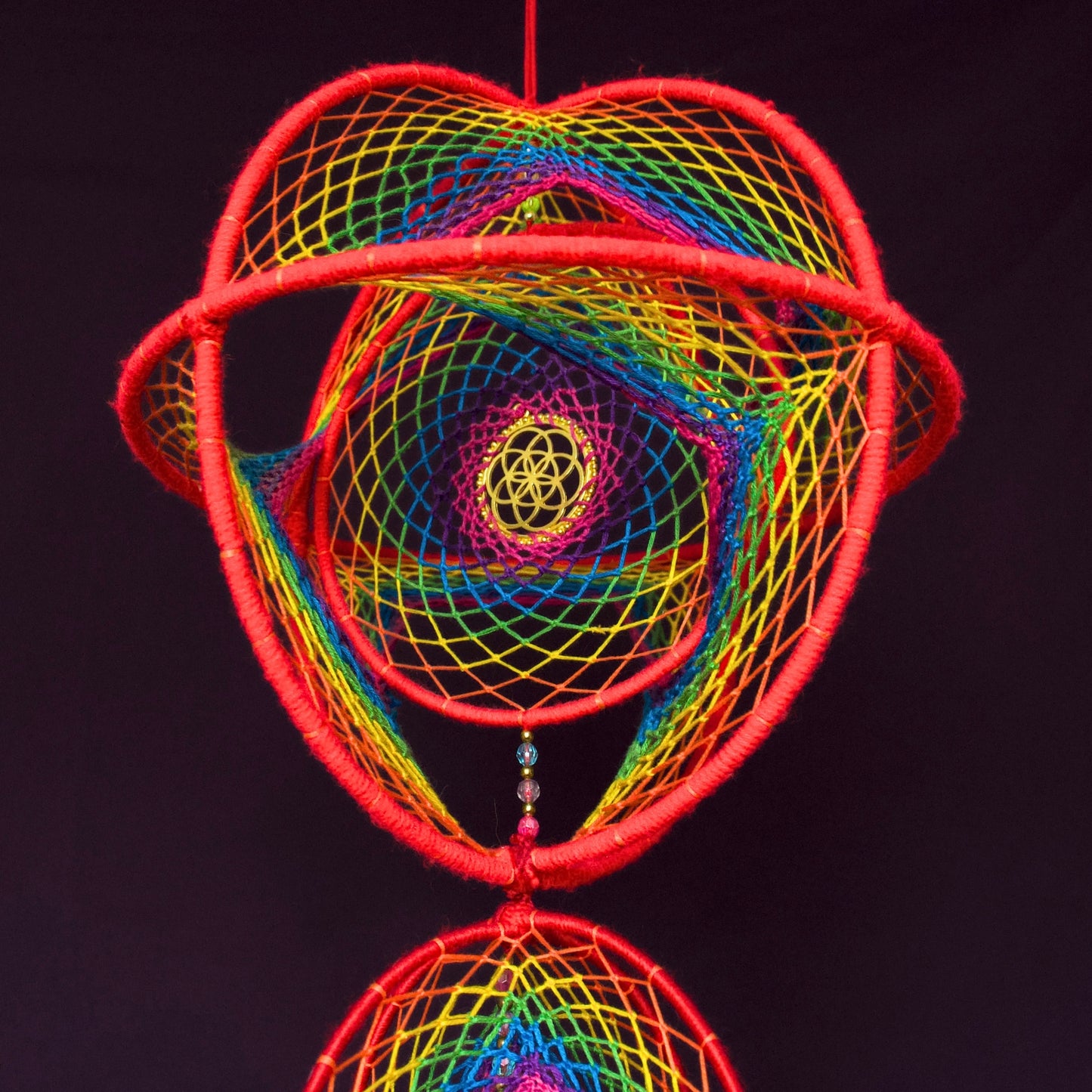 Seed of Life & Clear Quartz: Large Rainbow Double Dreamcatcher Mobile (9" & 6")