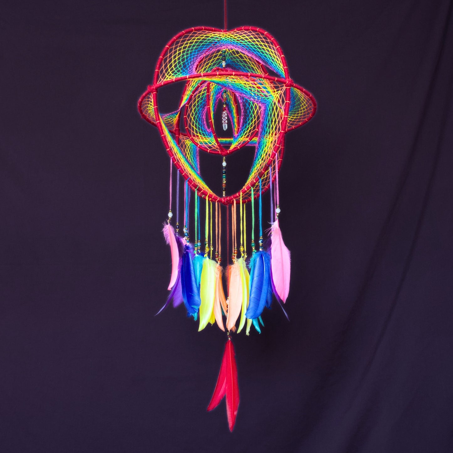 12" Large Rainbow 3D Dreamcatcher Mobile with Clear Quartz Point Centre