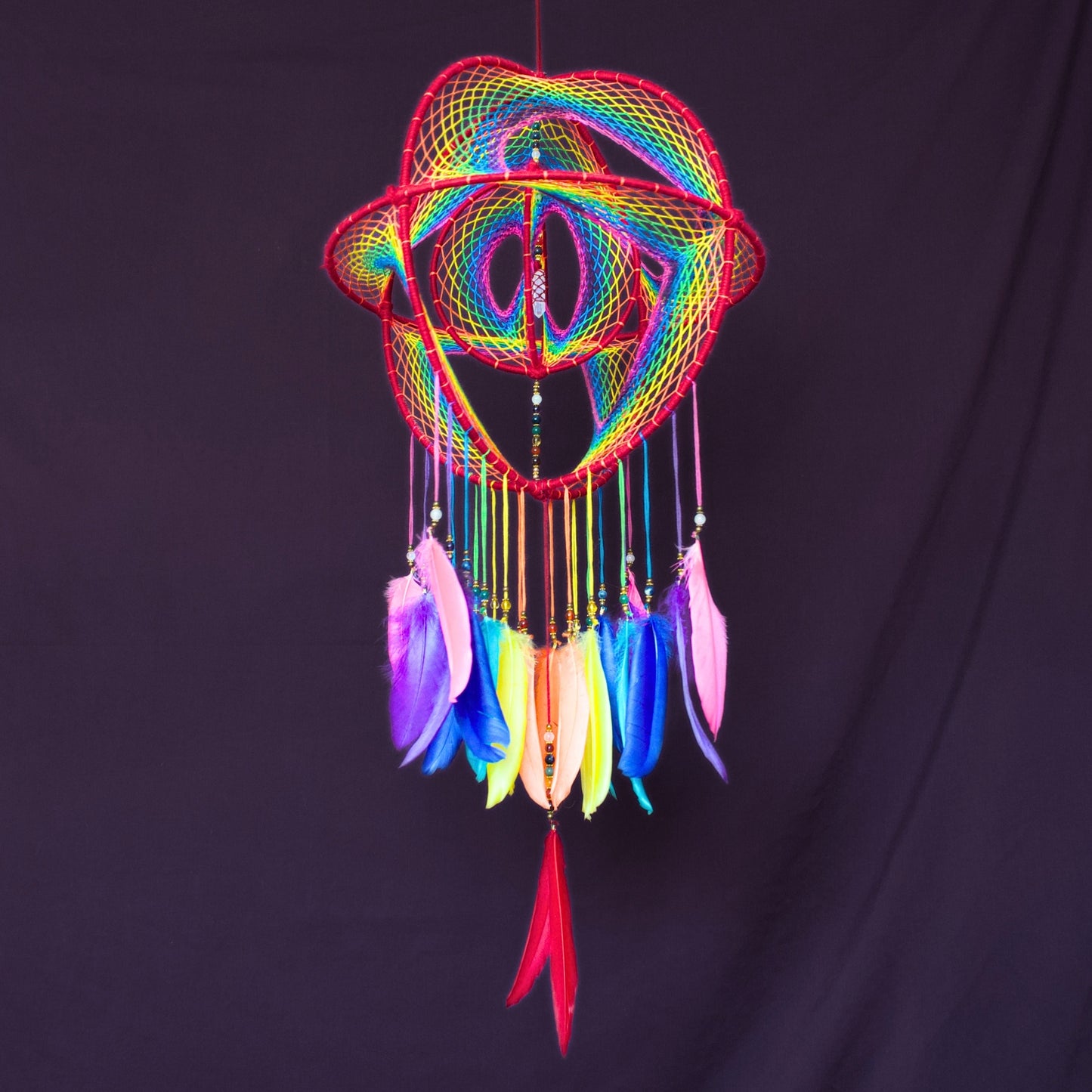 12" Large Rainbow 3D Dreamcatcher Mobile with Clear Quartz Point Centre