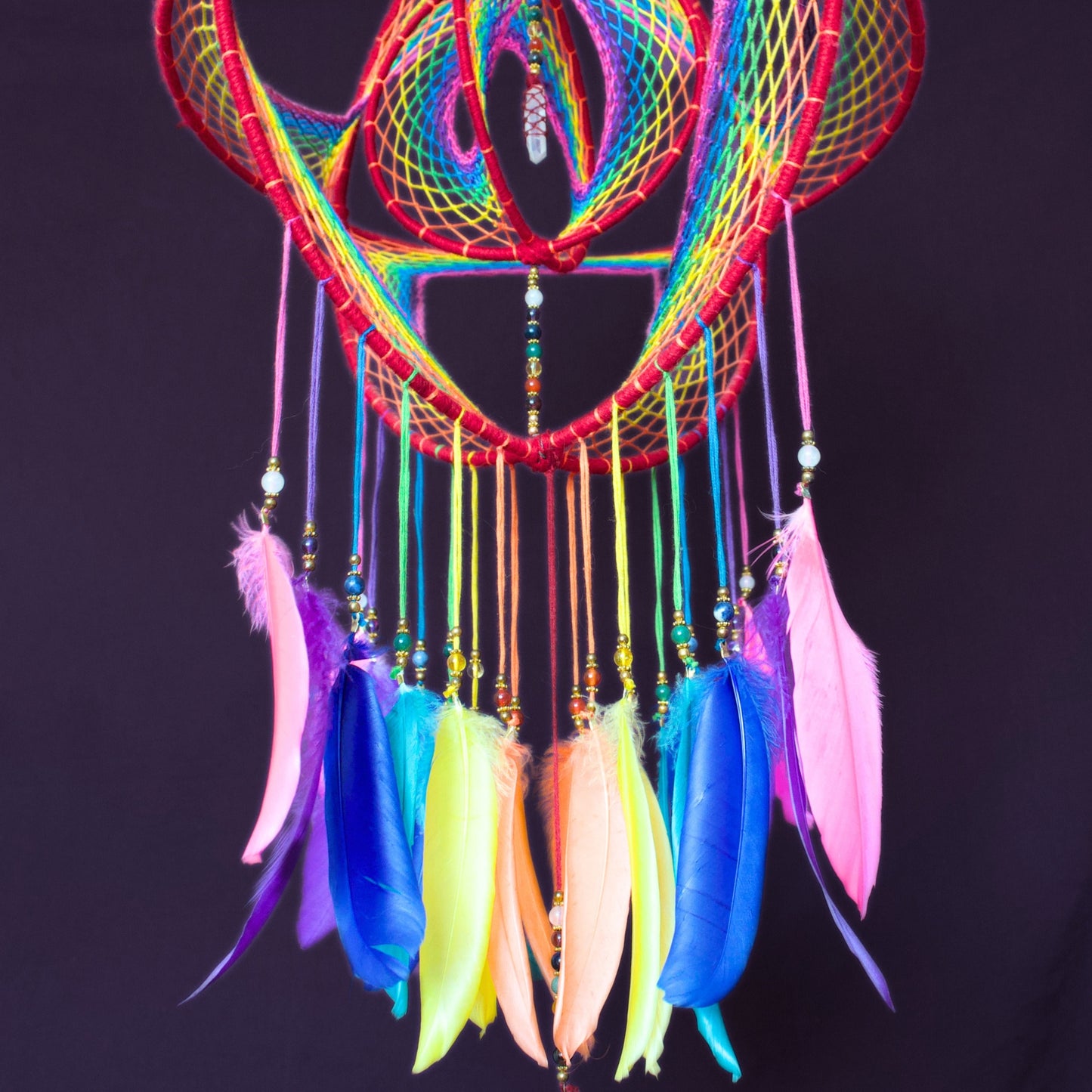 12" Large Rainbow 3D Dreamcatcher Mobile with Clear Quartz Point Centre