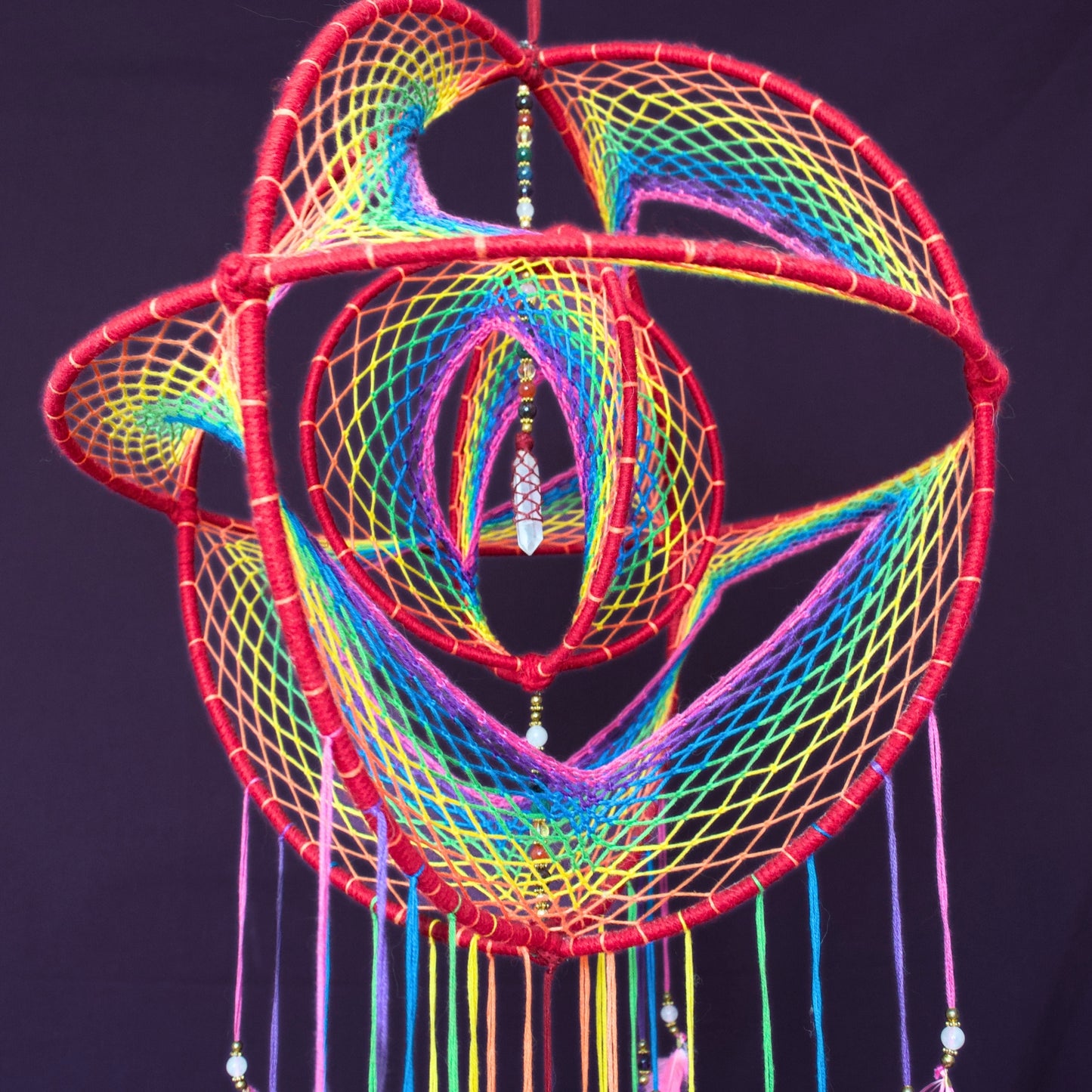 12" Large Rainbow 3D Dreamcatcher Mobile with Clear Quartz Point Centre