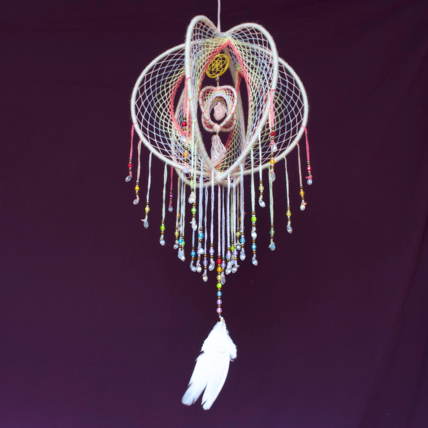 Large Pastel Rainbow 3D Dream Catcher Mobile, 9 inch / 23cm - Iridescent Orb Dream Catcher with Rose Quartz, Clear Quartz & Seed of Life