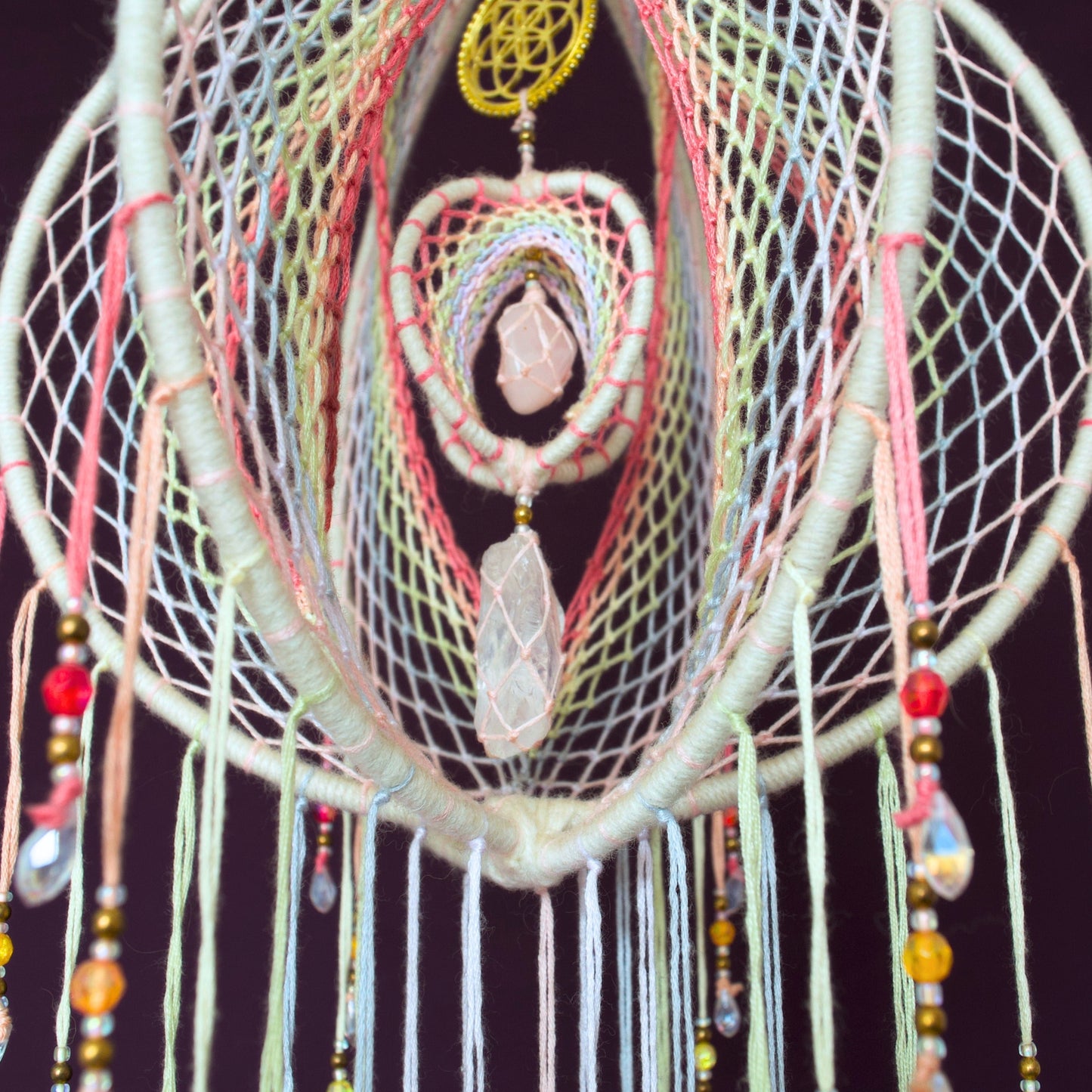 Large Pastel Rainbow 3D Dream Catcher Mobile, 9 inch / 23cm - Iridescent Orb Dream Catcher with Rose Quartz, Clear Quartz & Seed of Life
