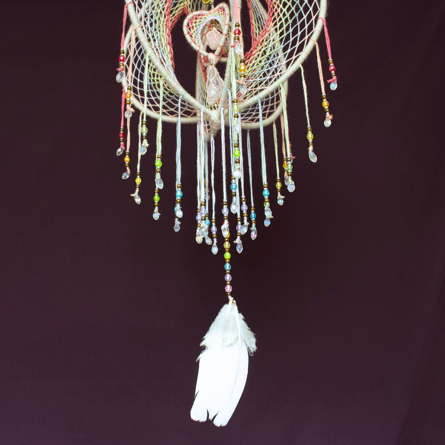 Large Pastel Rainbow 3D Dream Catcher Mobile, 9 inch / 23cm - Iridescent Orb Dream Catcher with Rose Quartz, Clear Quartz & Seed of Life