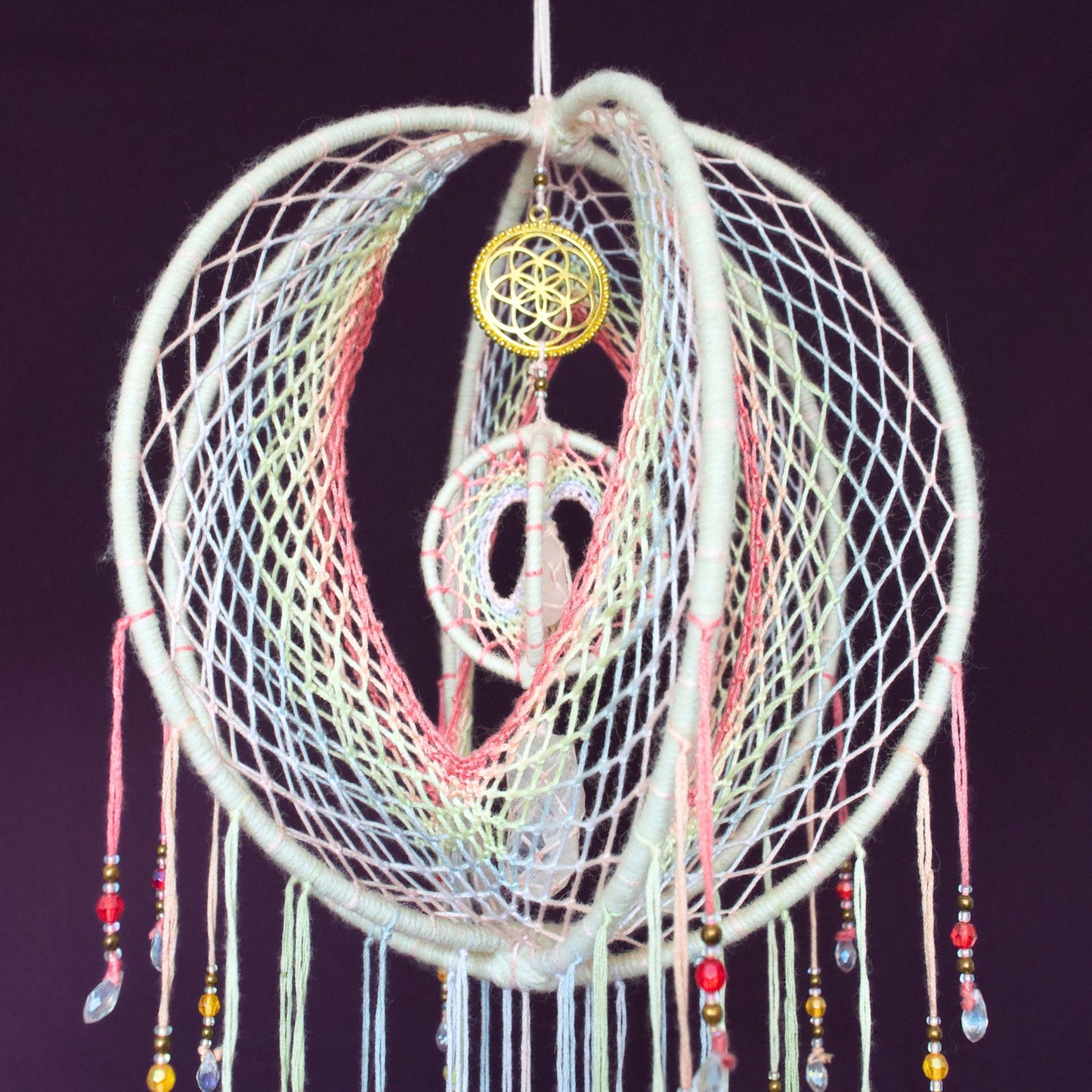 Large Pastel Rainbow 3D Dream Catcher Mobile, 9 inch / 23cm - Iridescent Orb Dream Catcher with Rose Quartz, Clear Quartz & Seed of Life