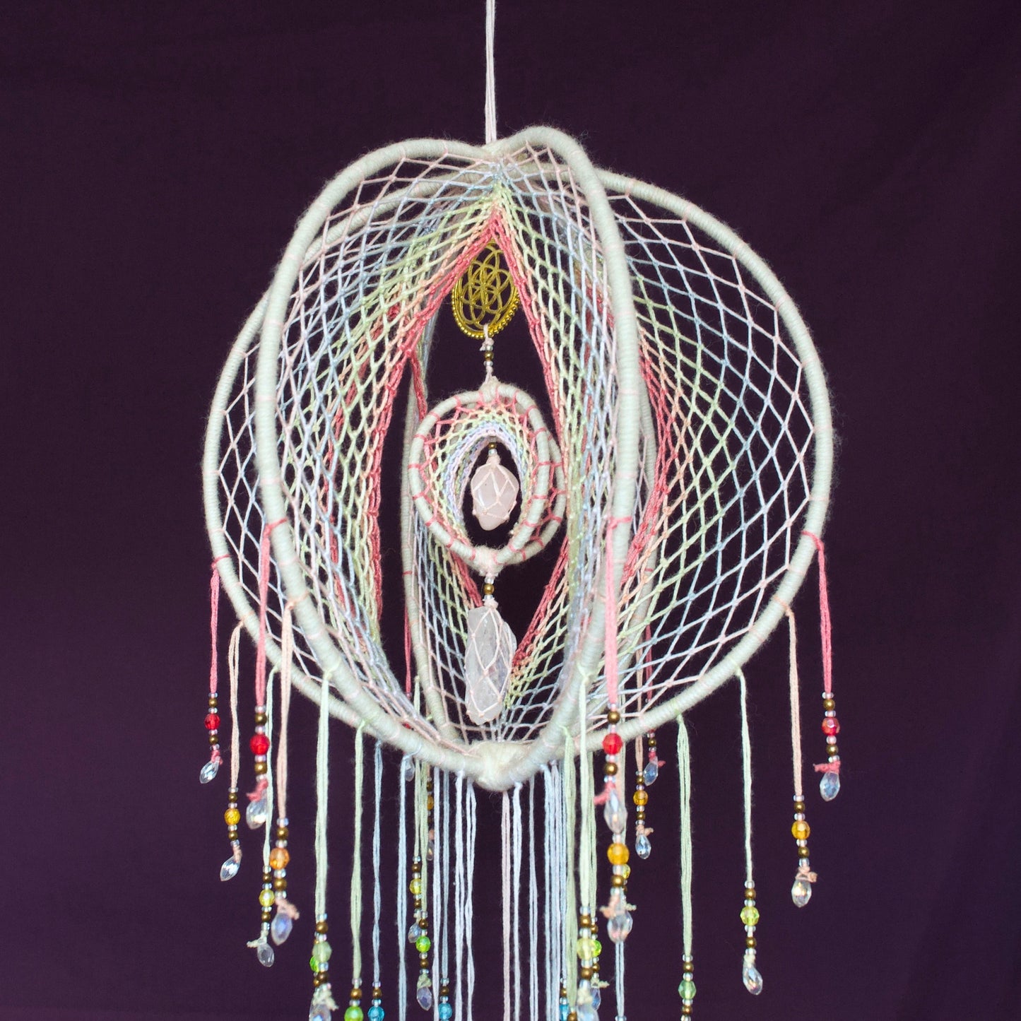 Large Pastel Rainbow 3D Dream Catcher Mobile, 9 inch / 23cm - Iridescent Orb Dream Catcher with Rose Quartz, Clear Quartz & Seed of Life