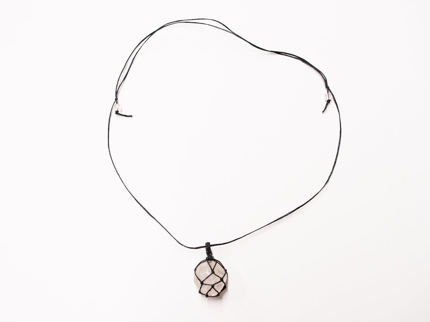 Clear Quartz Macrame Wrap Chord Necklace / Knotted in Black Cotton on Adjustable Length Chord