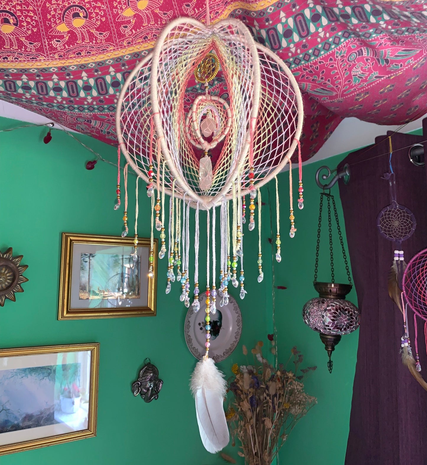 Large Pastel Rainbow 3D Dream Catcher Mobile, 9 inch / 23cm - Iridescent Orb Dream Catcher with Rose Quartz, Clear Quartz & Seed of Life
