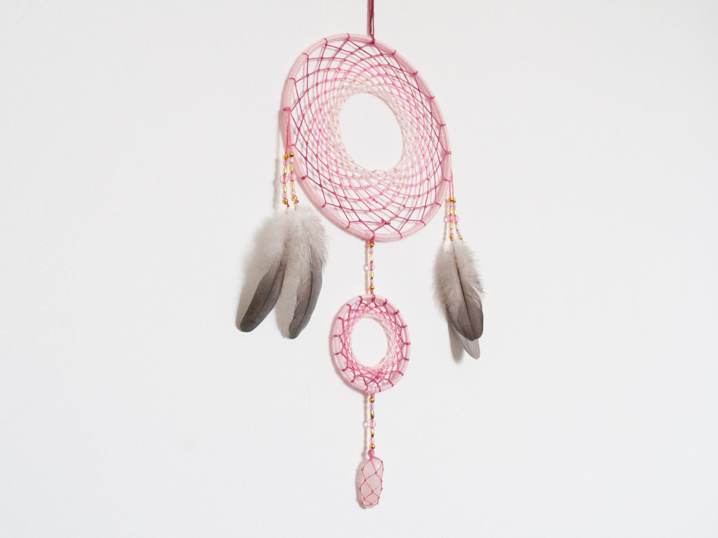 6" Baby Pink Rose Quartz Crystal Double Dreamcatcher Wall Hanging