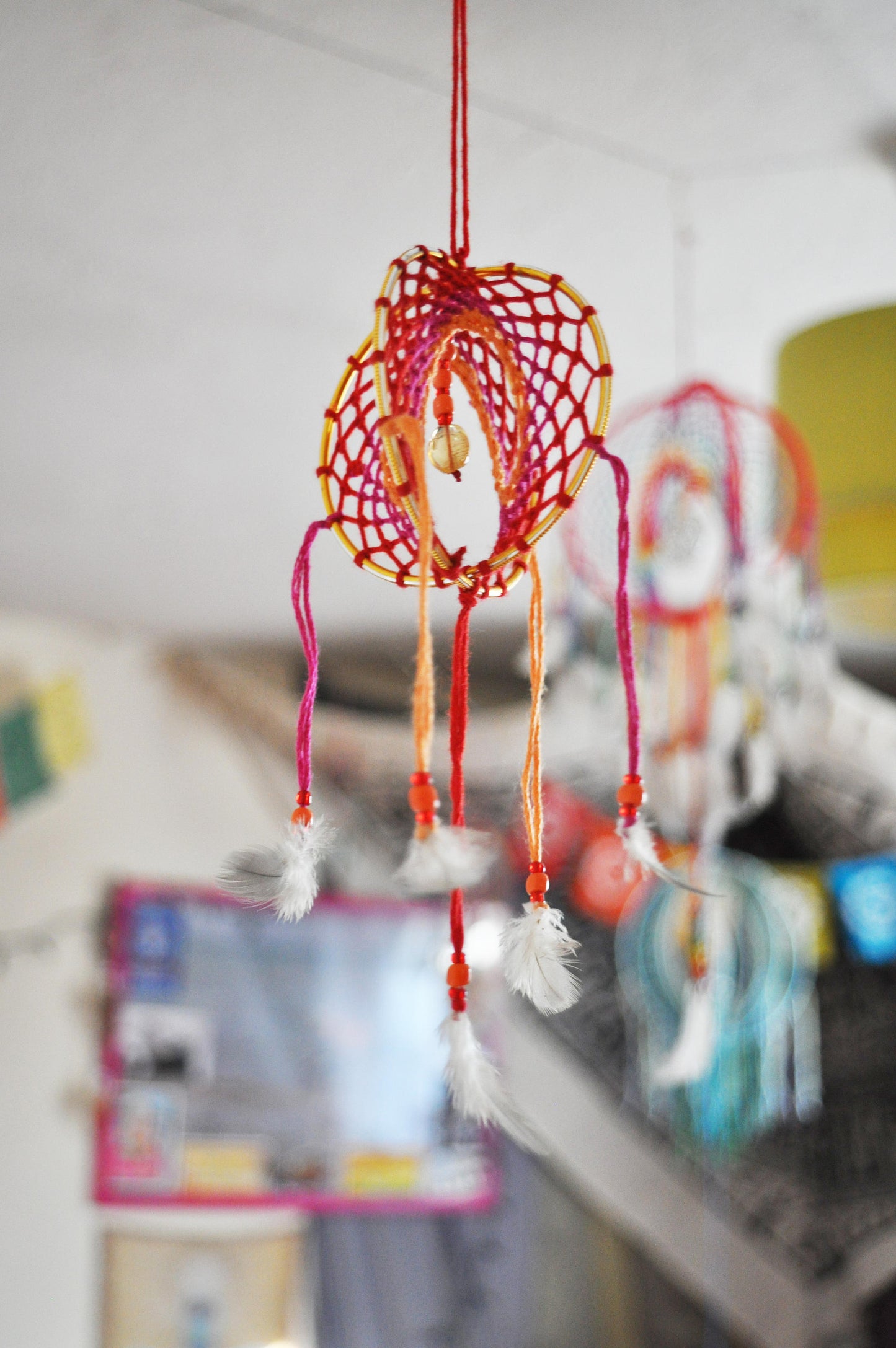 Mini 3D Dream Catcher / Small Citrine Dreamcatcher / Sun Crystal Mobile, Boho Decor, Spiritual Gift, Kids Room Decor / Red, Orange & Gold