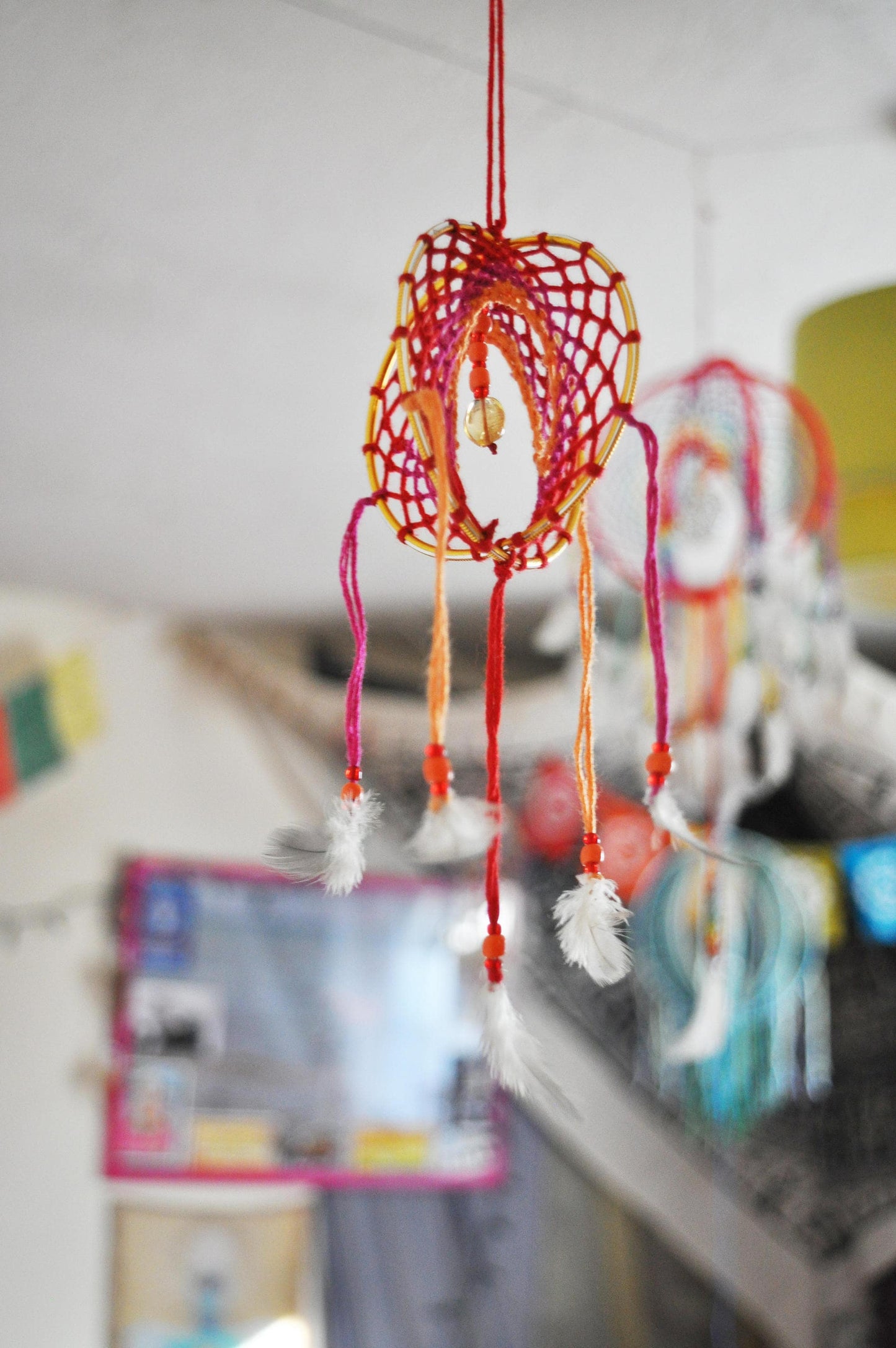 Mini 3D Dream Catcher / Small Citrine Dreamcatcher / Sun Crystal Mobile, Boho Decor, Spiritual Gift, Kids Room Decor / Red, Orange & Gold