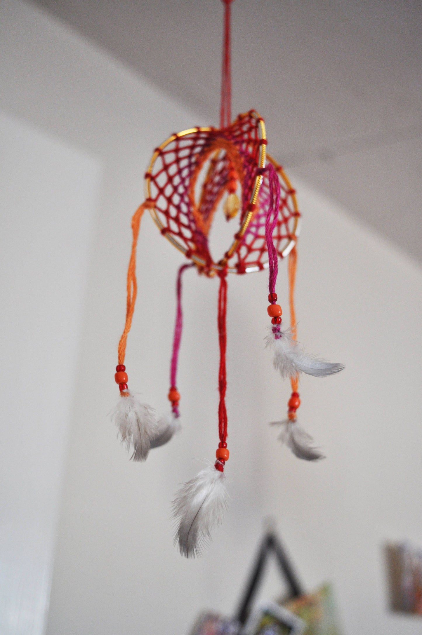 Mini 3D Dream Catcher / Small Citrine Dreamcatcher / Sun Crystal Mobile, Boho Decor, Spiritual Gift, Kids Room Decor / Red, Orange & Gold