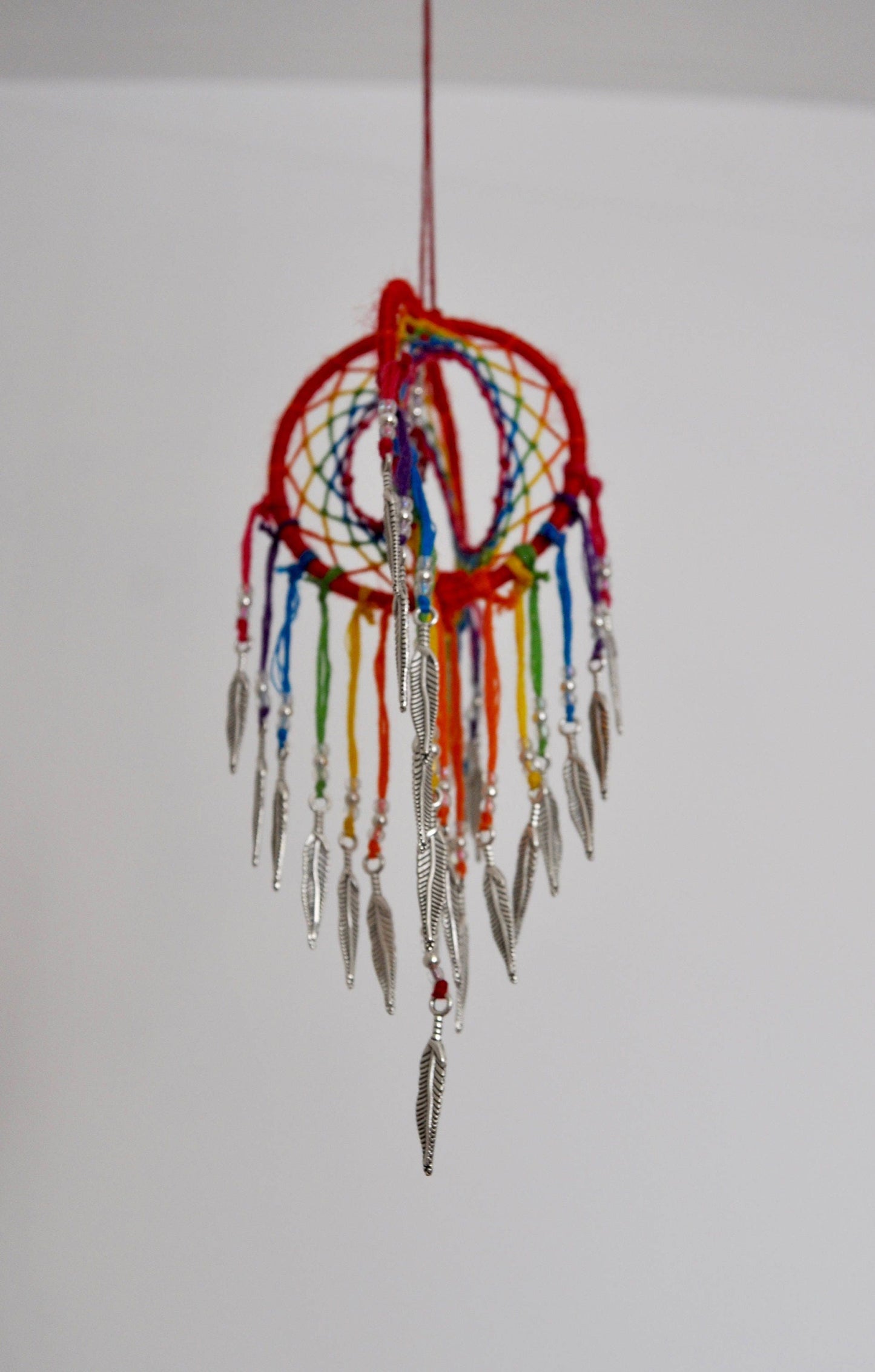 Mini Rainbow 3D Dreamcatcher with Clear Quartz Crystal Point & Feather Charms