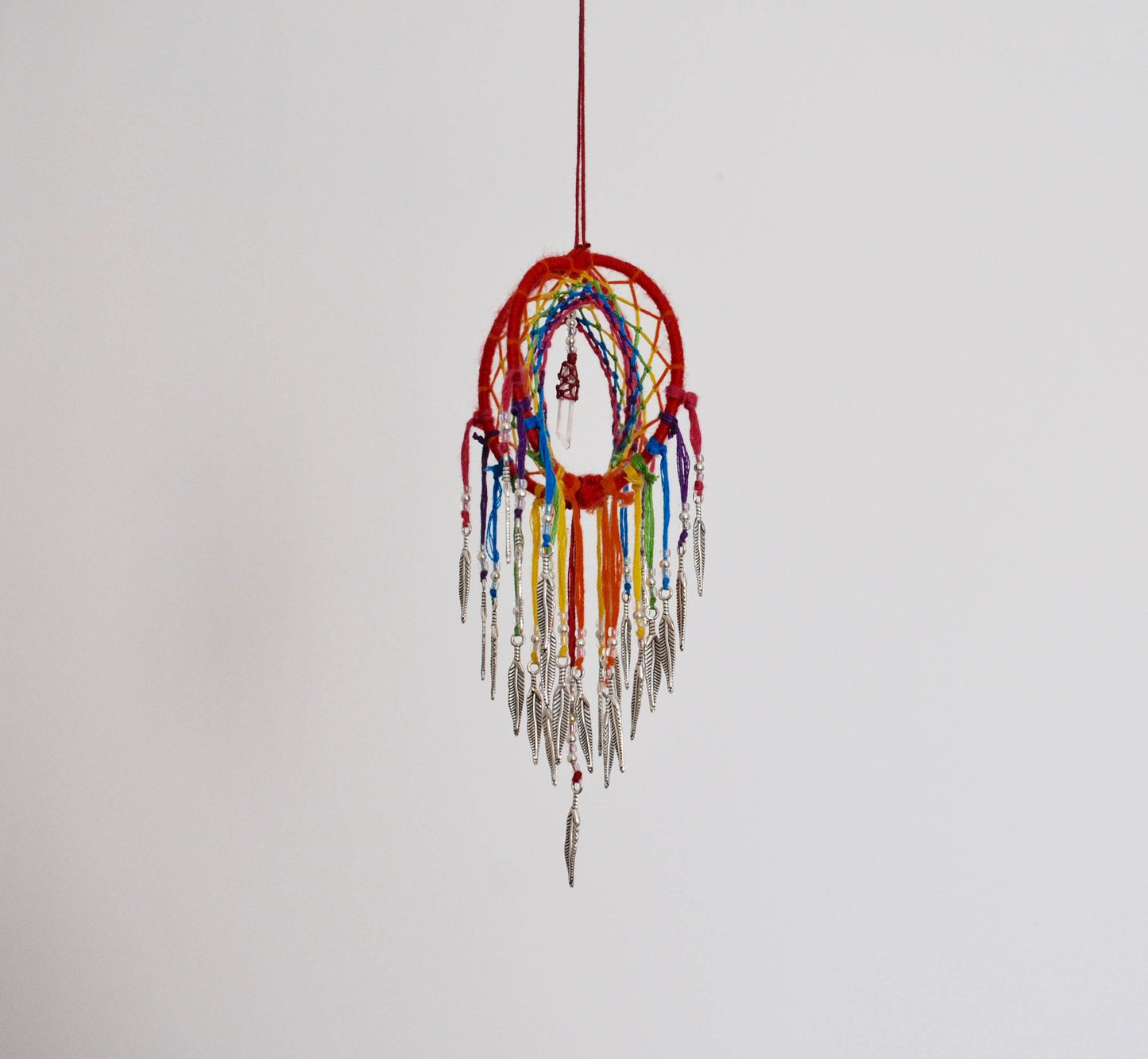 Mini Rainbow 3D Dreamcatcher with Clear Quartz Crystal Point & Feather Charms