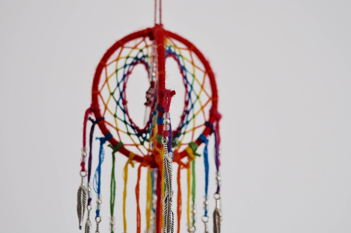 Mini Rainbow 3D Dreamcatcher with Clear Quartz Crystal Point & Feather Charms