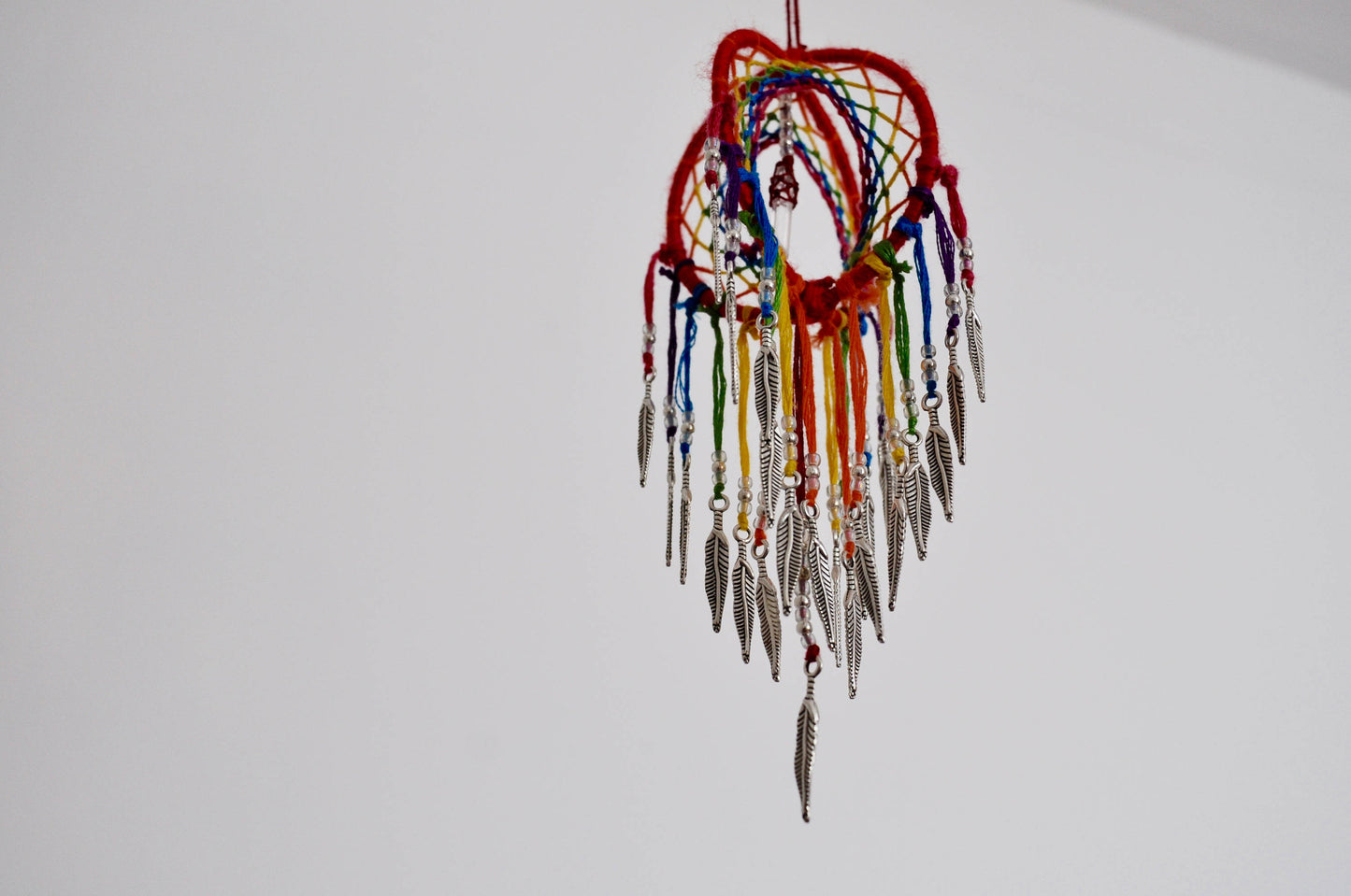 Mini Rainbow 3D Dreamcatcher with Clear Quartz Crystal Point & Feather Charms