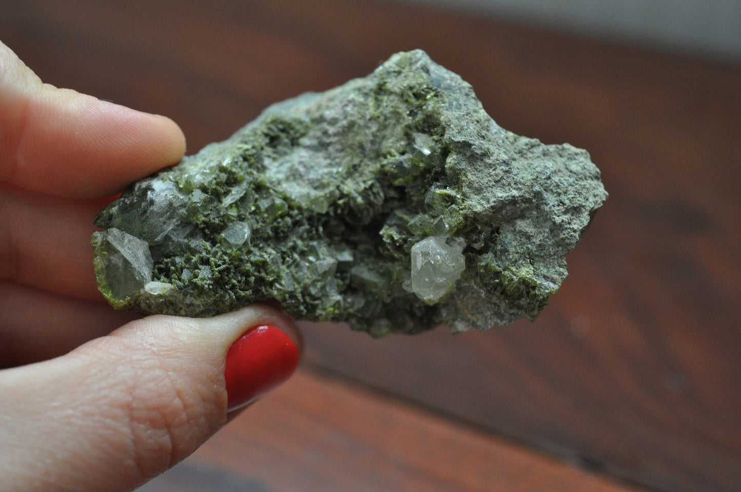 Raw Epidote in Quartz Crystal Cluster, 68.5 grams