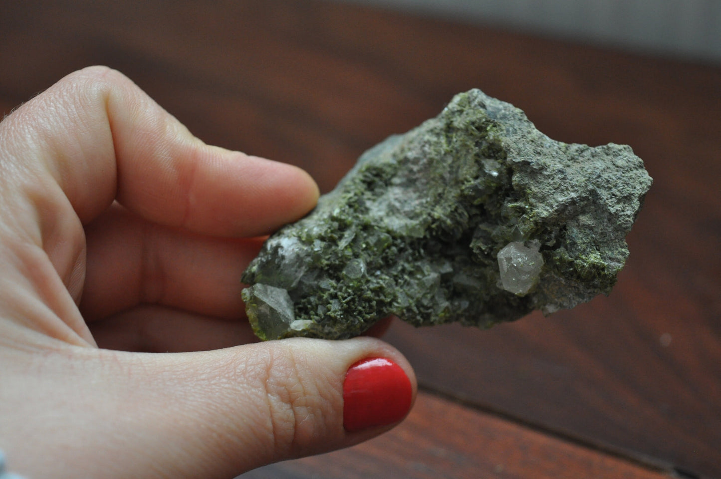 Raw Epidote in Quartz Crystal Cluster, 68.5 grams