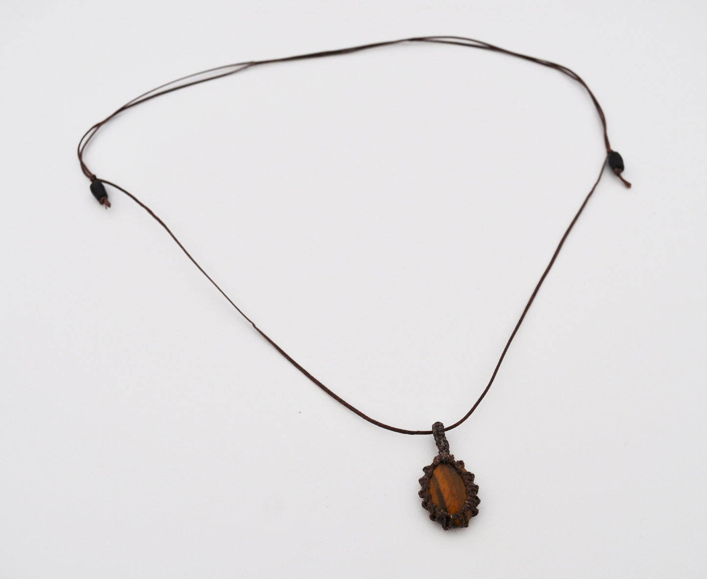Tigers Eye Macrame Wrap Chord Necklace / Knotted in Brown Cotton on Adjustable Length Chord