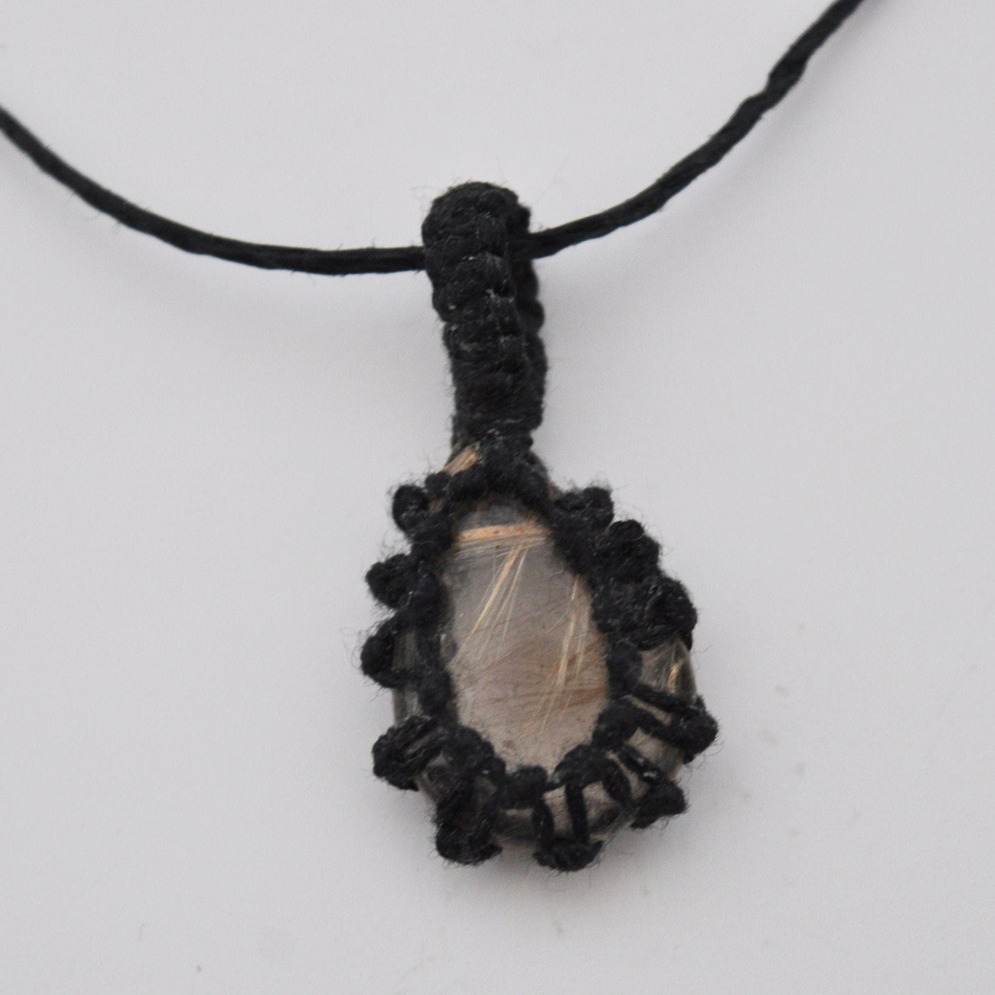Rutilated Quartz Macrame Wrap Chord Necklace / Knotted in Black Cotton on Adjustable Length Chord