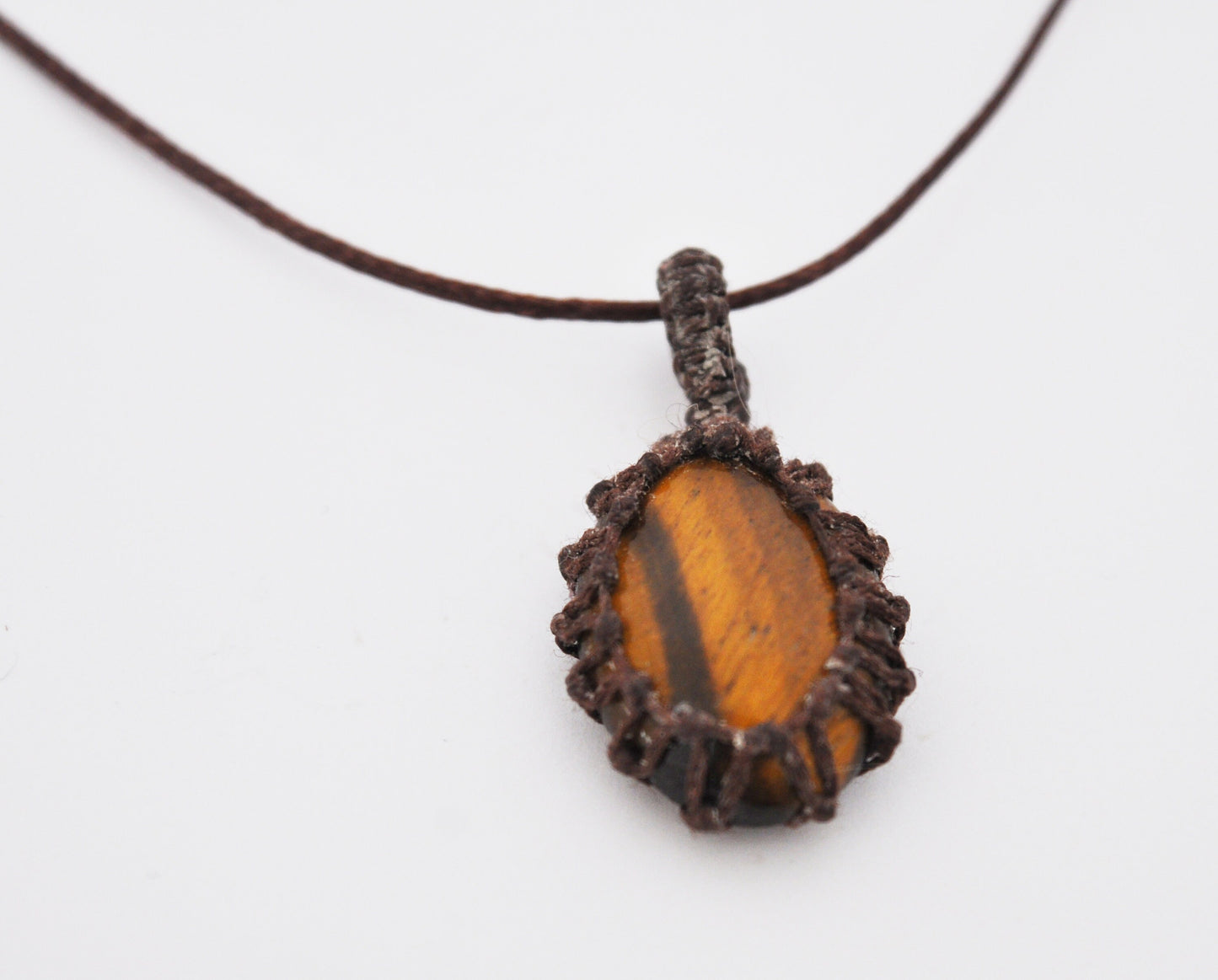 Tigers Eye Macrame Wrap Chord Necklace / Knotted in Brown Cotton on Adjustable Length Chord