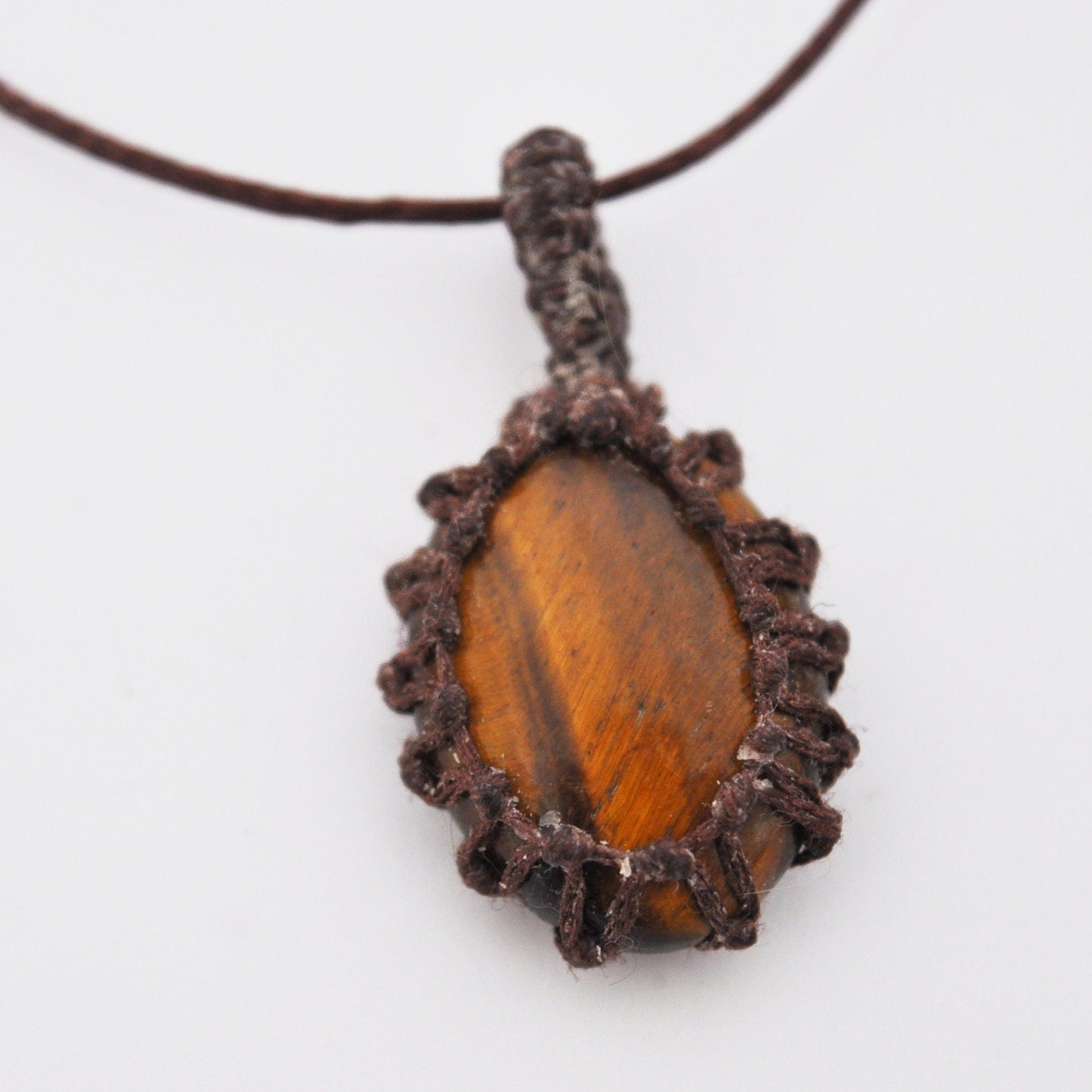 Tigers Eye Macrame Wrap Chord Necklace / Knotted in Brown Cotton on Adjustable Length Chord