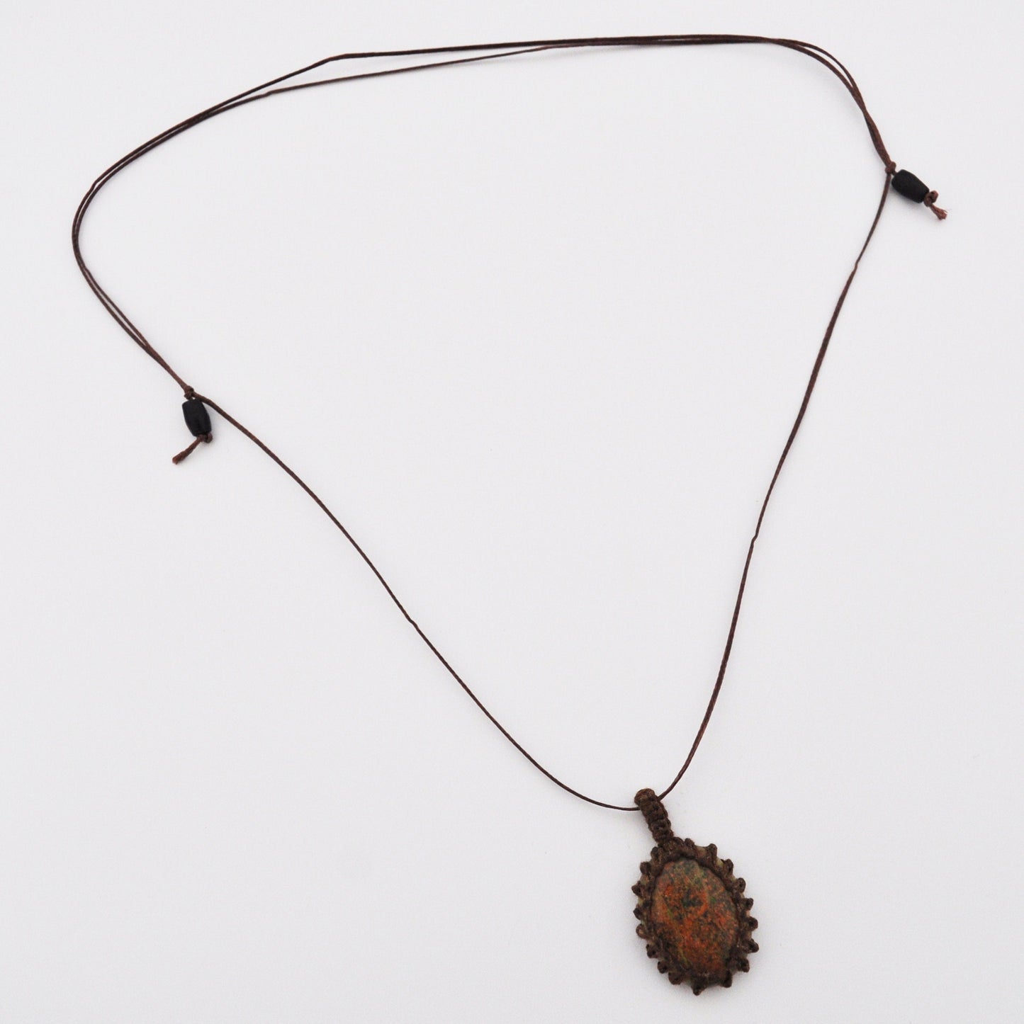 Unakite Macrame Wrap Chord Necklace / Knotted in Brown Cotton on Adjustable Length Chord