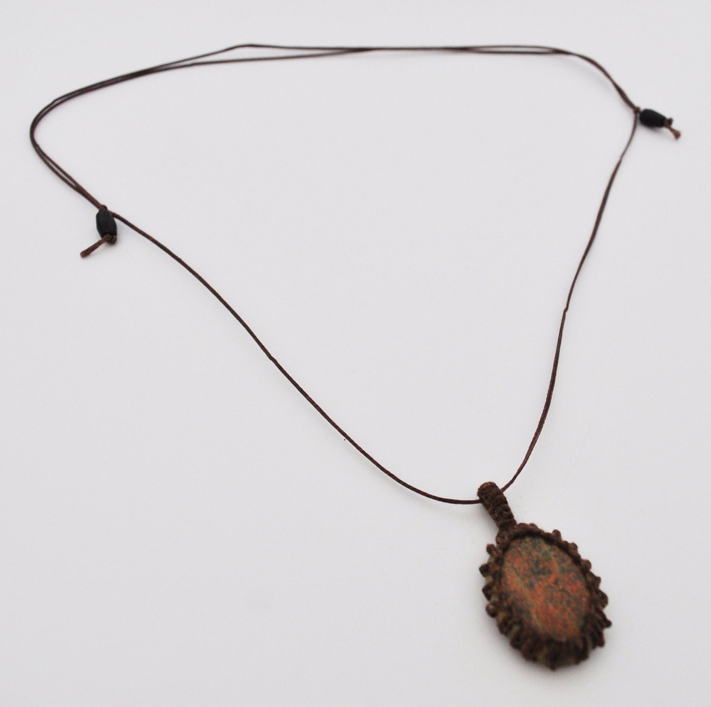 Unakite Macrame Wrap Chord Necklace / Knotted in Brown Cotton on Adjustable Length Chord