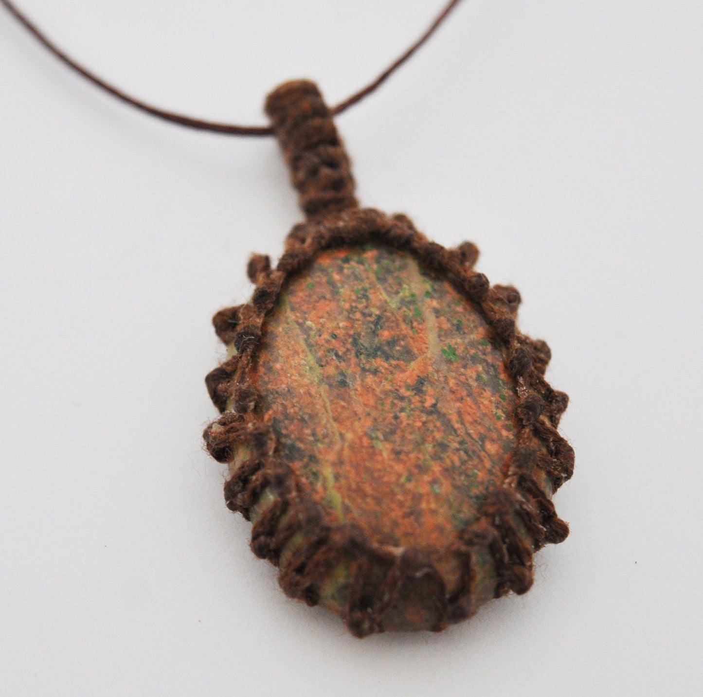 Unakite Macrame Wrap Chord Necklace / Knotted in Brown Cotton on Adjustable Length Chord