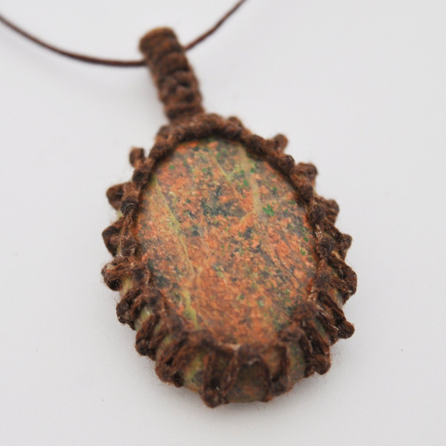 Unakite Macrame Wrap Chord Necklace / Knotted in Brown Cotton on Adjustable Length Chord