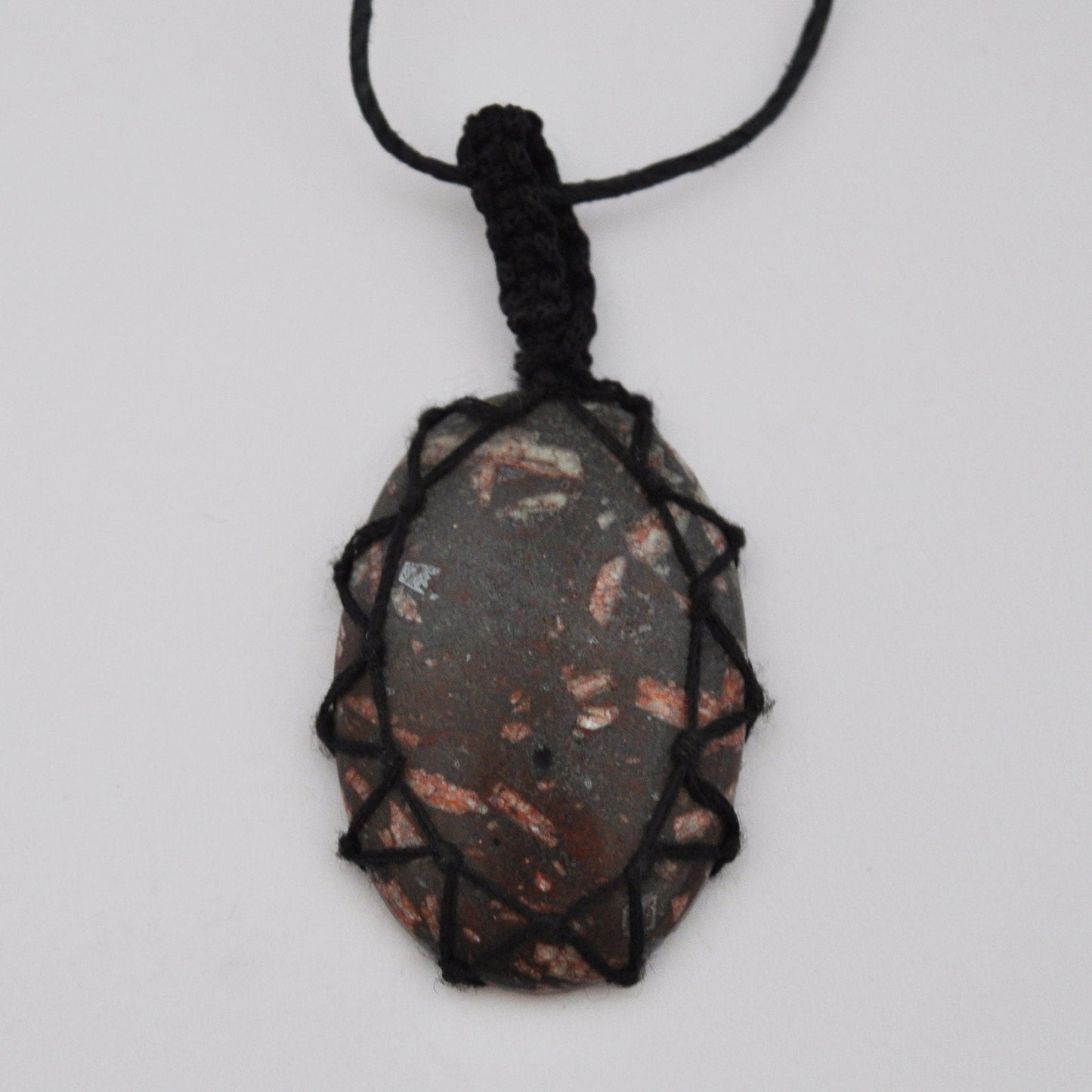 Brecciated Jasper Macrame Wrap Chord Necklace / Knotted in Black Cotton on Adjustable Length Chord