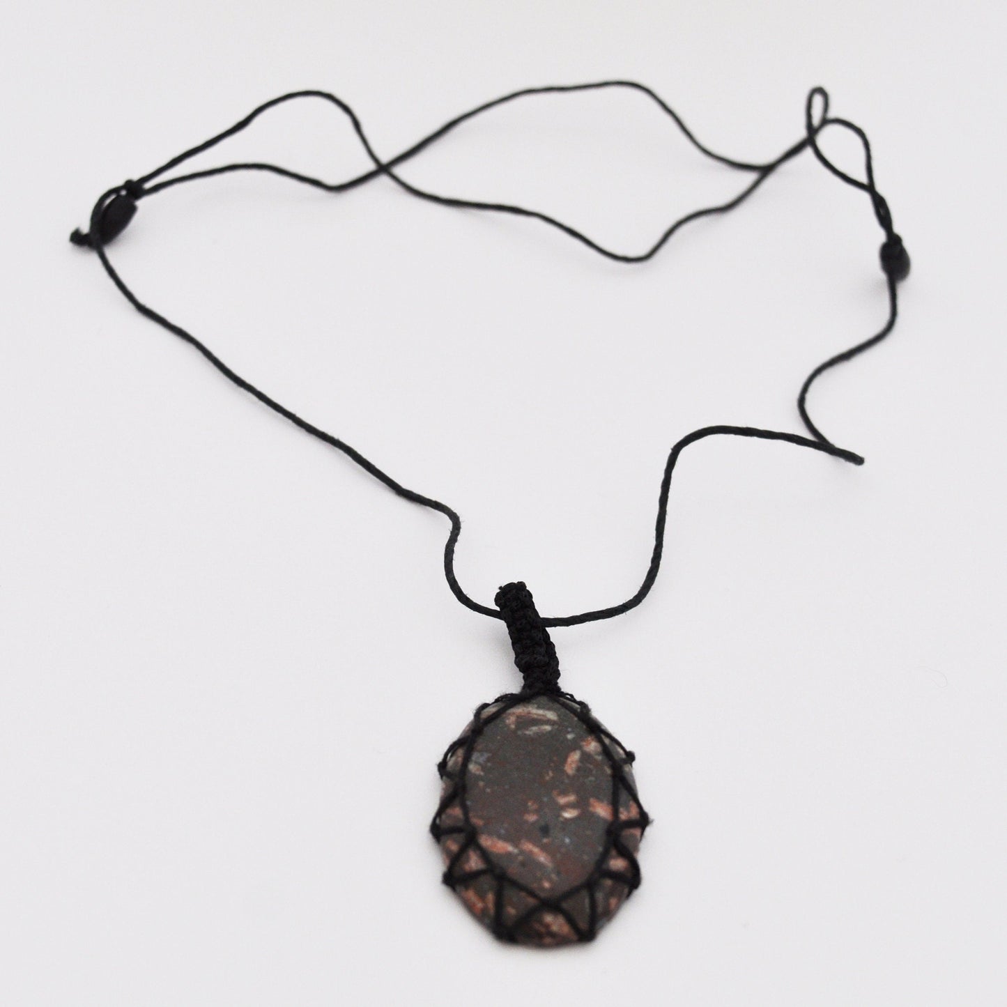 Brecciated Jasper Macrame Wrap Chord Necklace / Knotted in Black Cotton on Adjustable Length Chord
