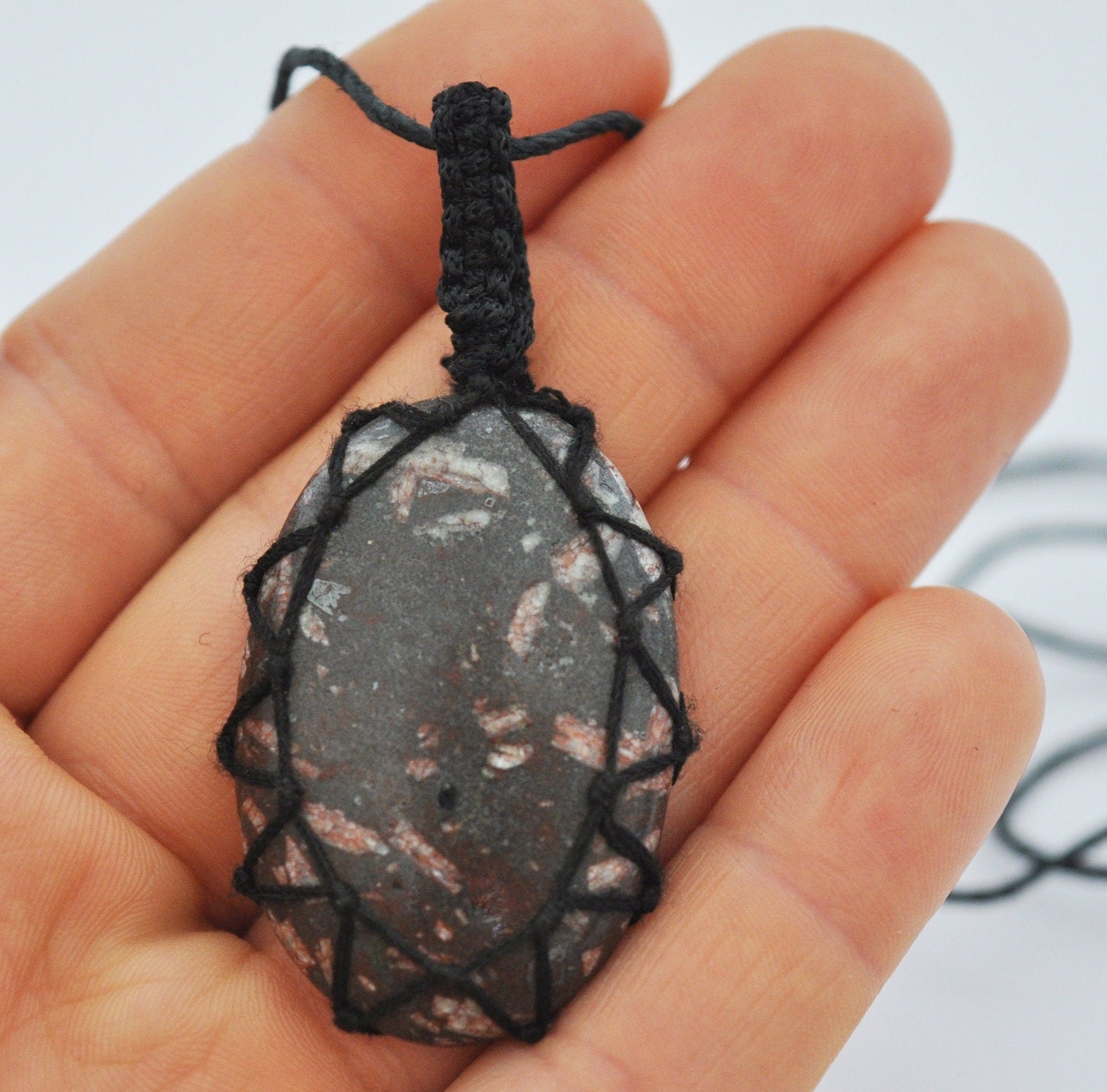 Brecciated Jasper Macrame Wrap Chord Necklace / Knotted in Black Cotton on Adjustable Length Chord